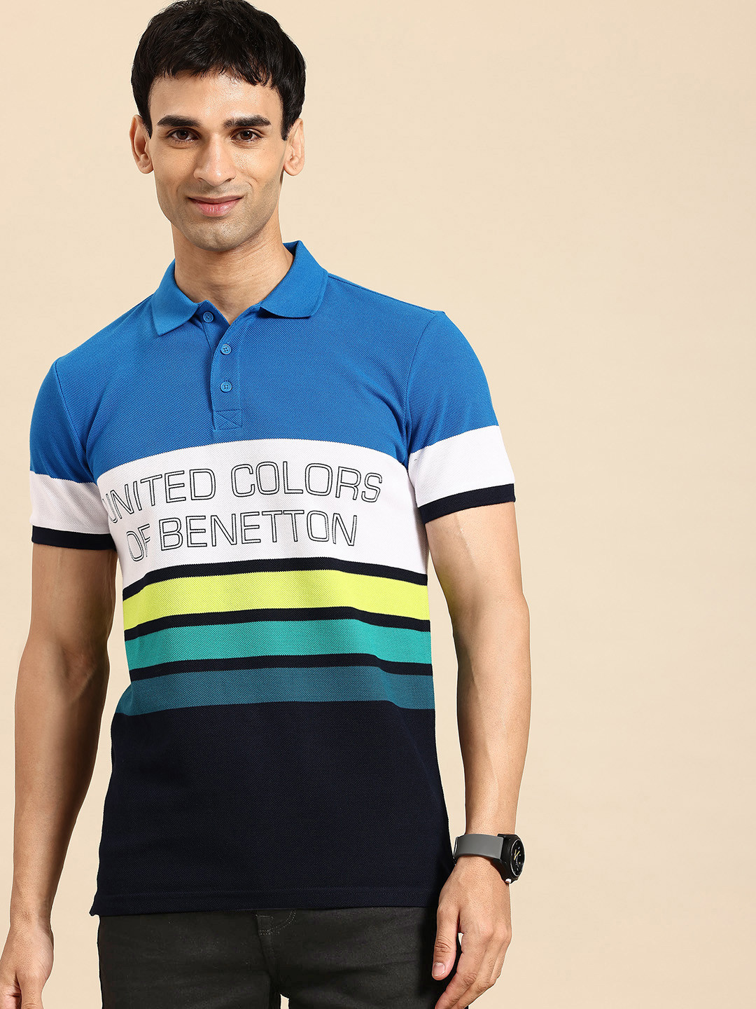 

United Colors of Benetton Brand Logo Printed Striped Polo Collar T-shirt, Blue