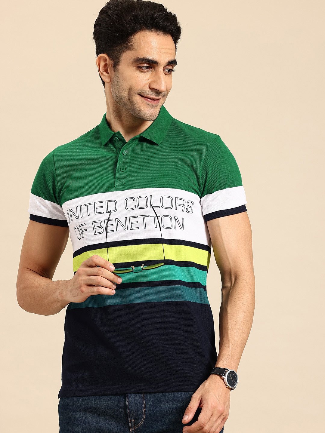 

United Colors of Benetton Brand Logo Printed Striped Polo Collar T-shirt, Green