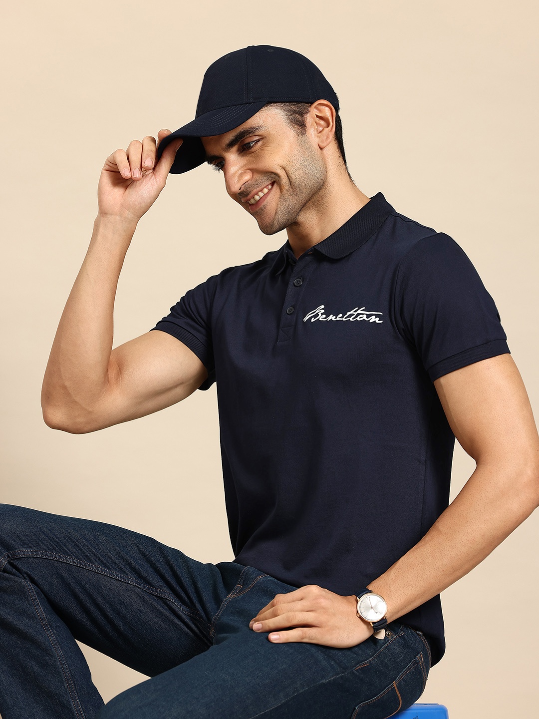 United Colors of Benetton Men Polo Collar T-shirt, Navy blue