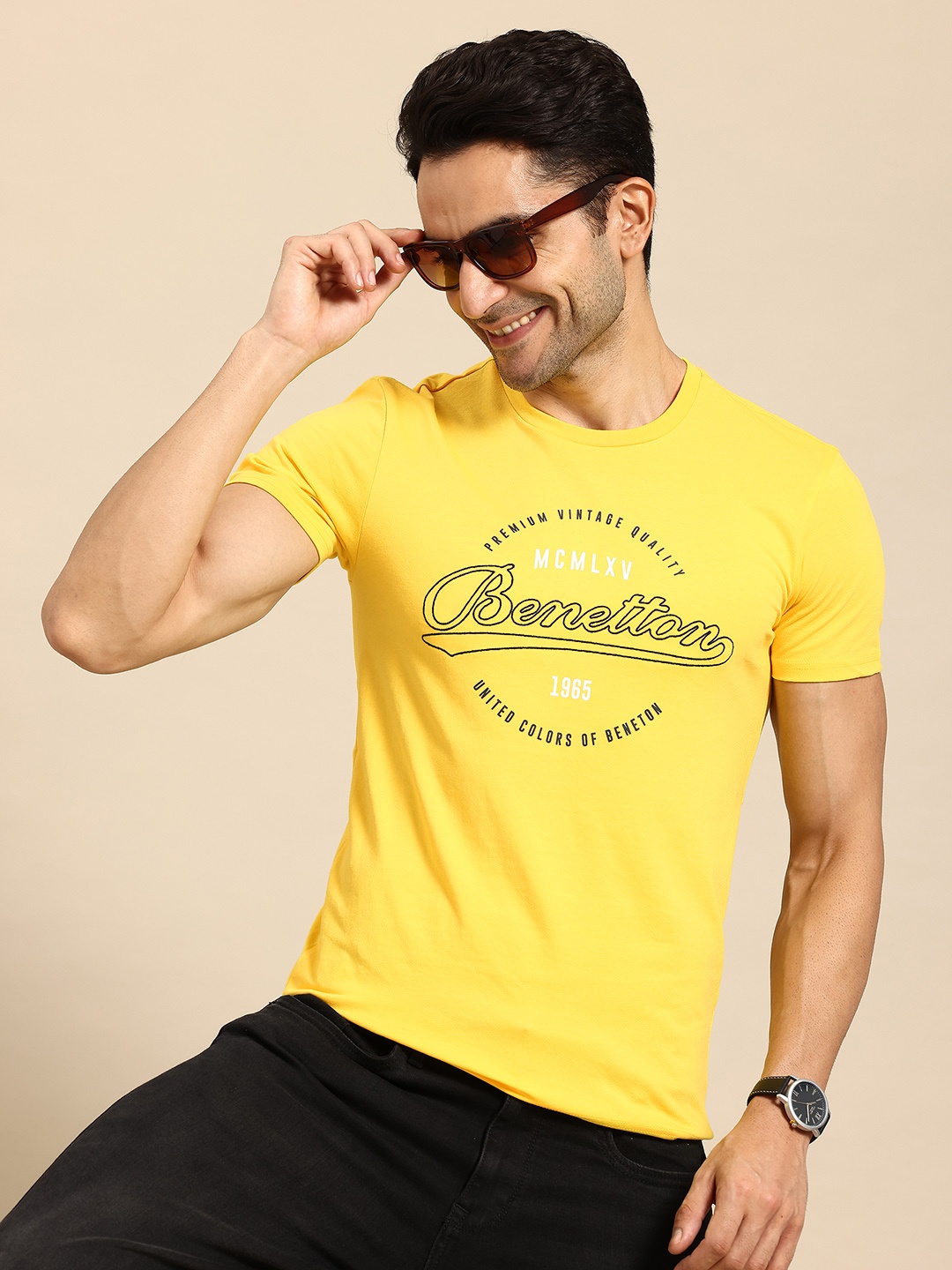 

United Colors of Benetton Men Brand Logo Printed T-shirt, Yellow
