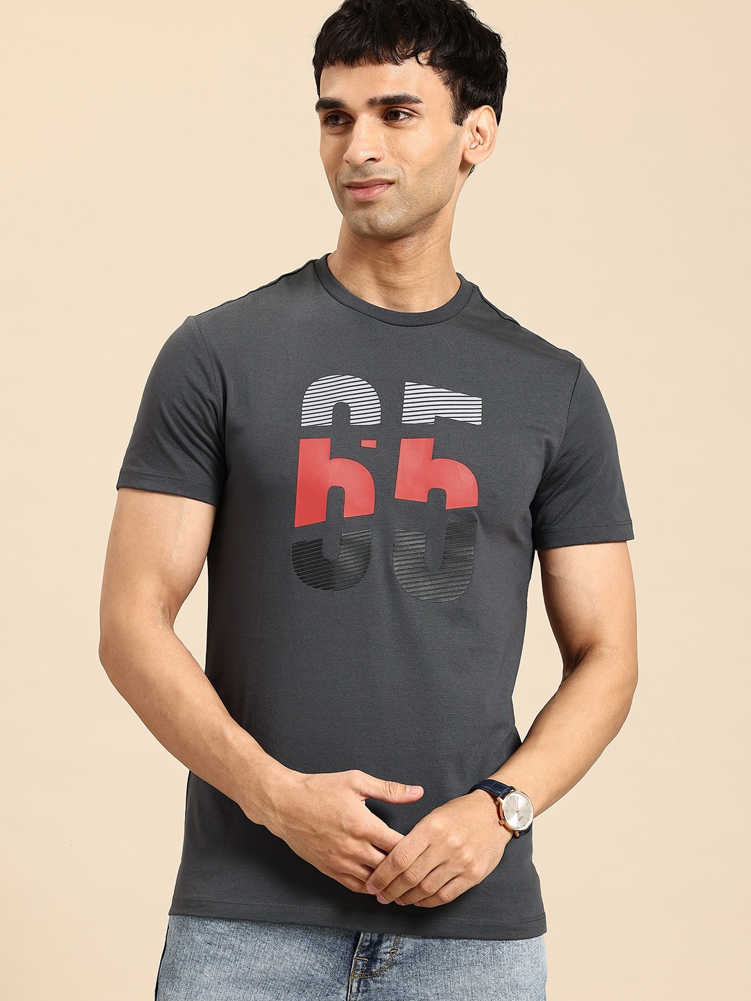 

United Colors of Benetton Men Varsity Printed T-shirt, Charcoal