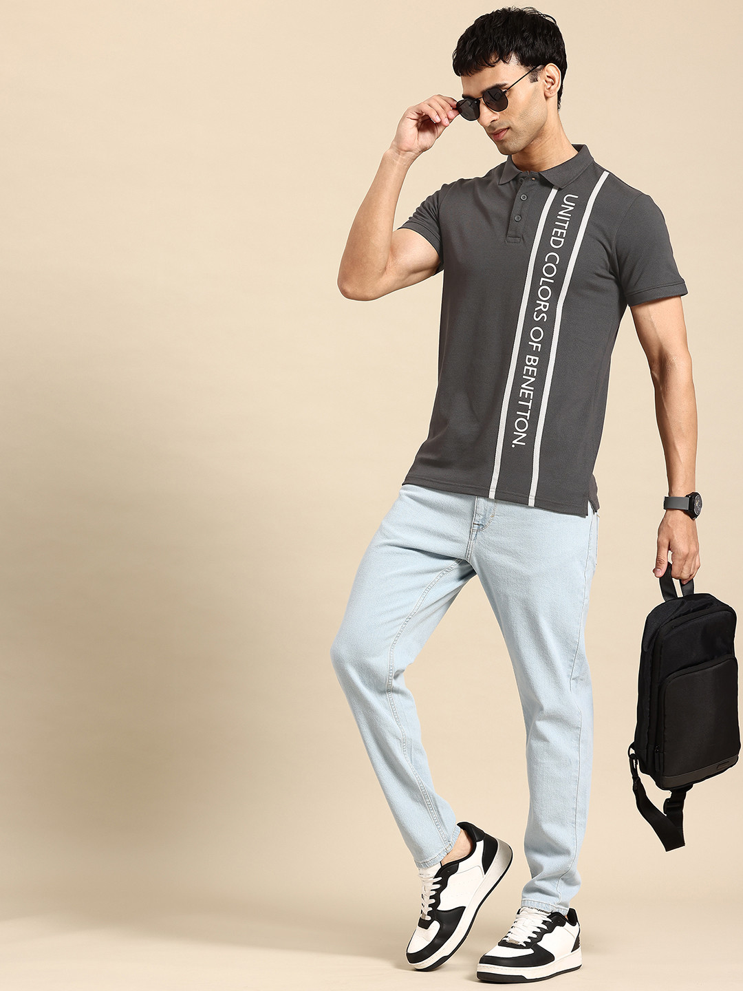 

United Colors of Benetton Men Brand Logo Printed Polo Collar T-shirt, Charcoal