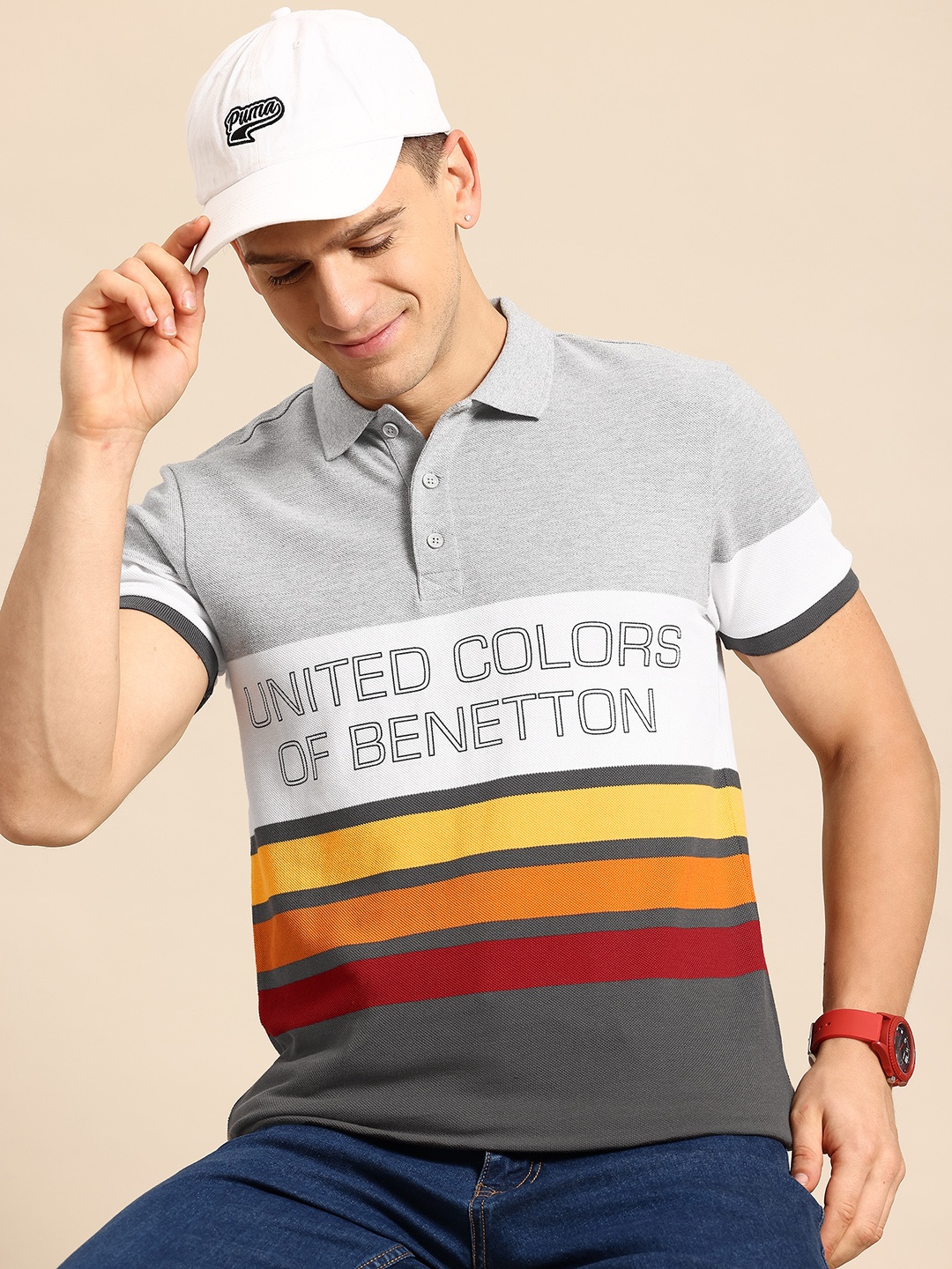 

United Colors of Benetton Men Striped Polo Collar T-shirt, Grey