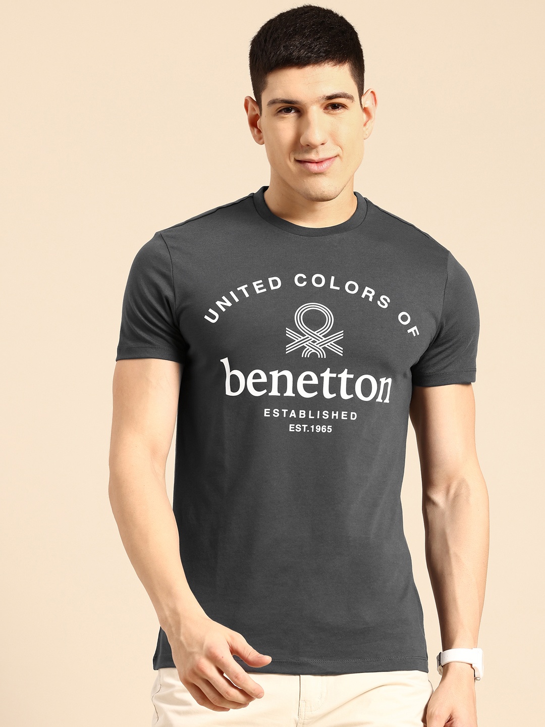

United Colors of Benetton High IQ Brand Logo Printed T-shirt, Charcoal