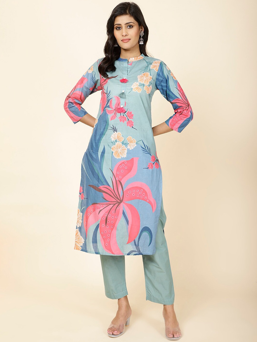 

Meena Bazaar Floral Printed Band Collar Straight Kurta with Trousers, Blue