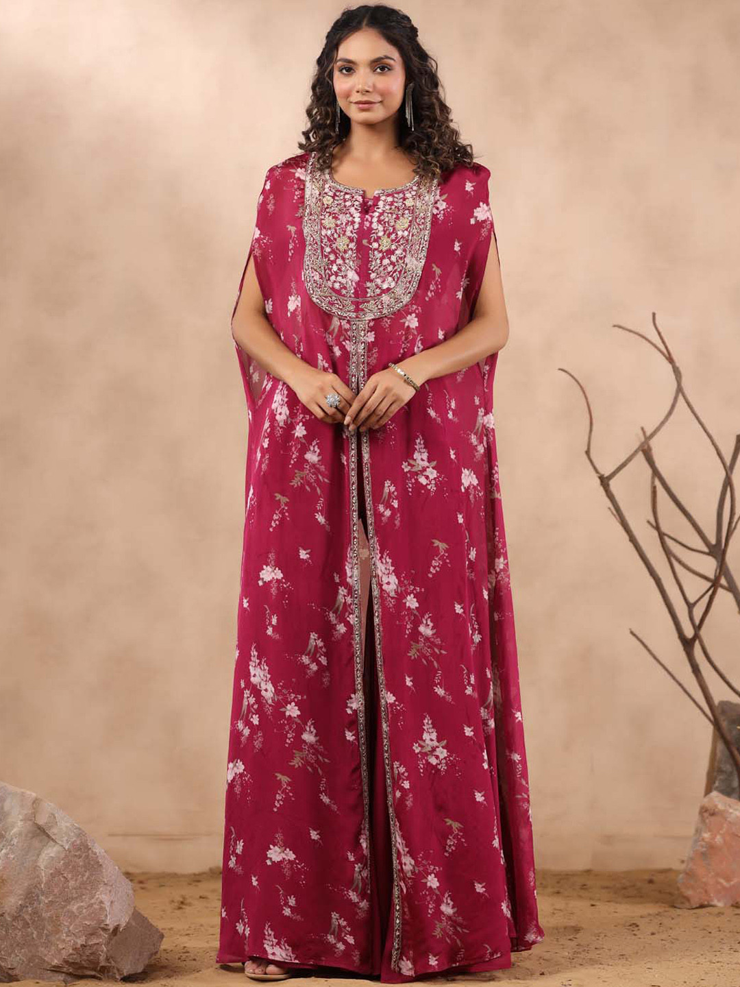 

Meena Bazaar Floral Printed Embellished Crop Top with Sharara & Kaftan Cape, Burgundy