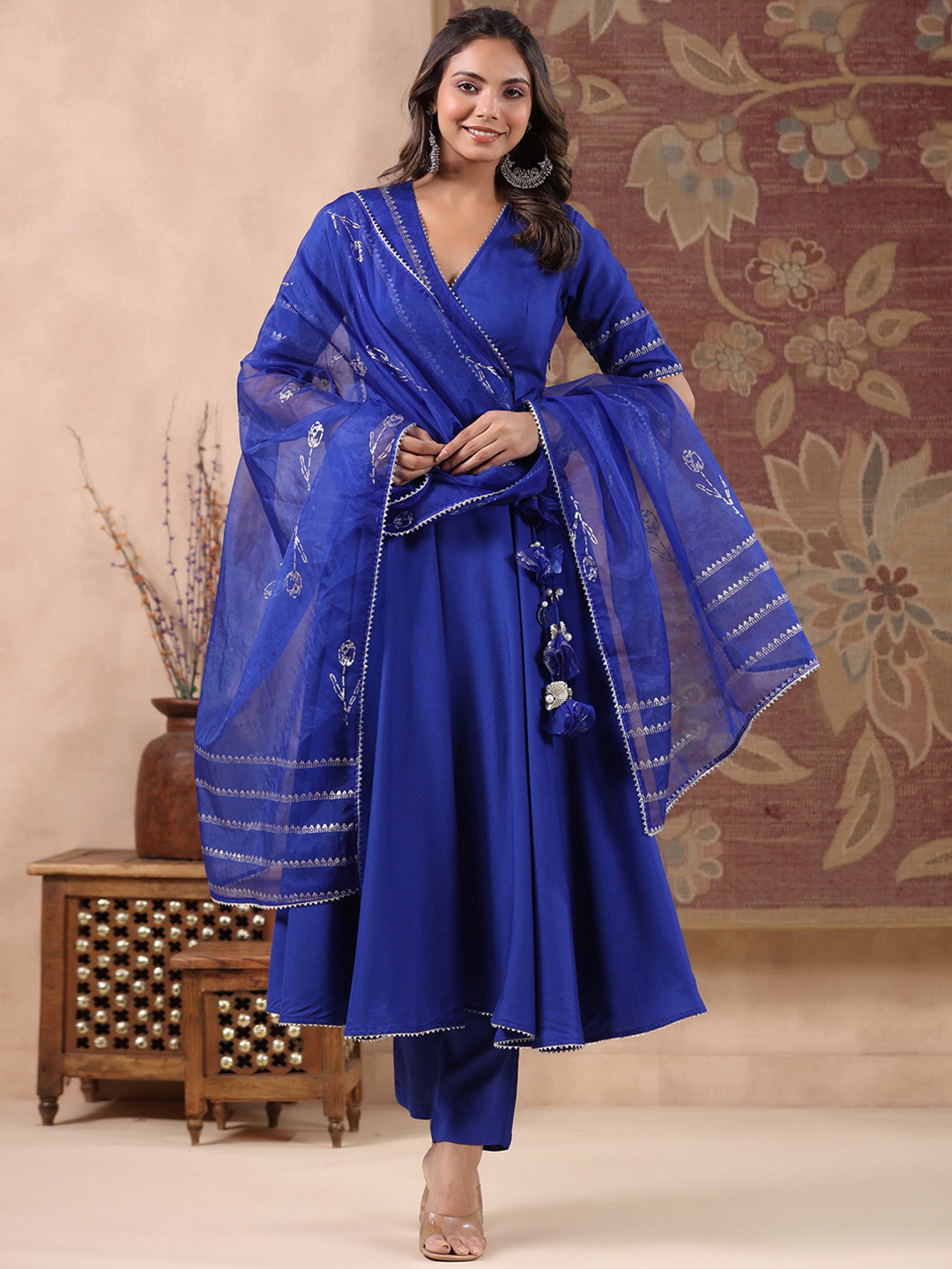 

GILLORI Gotta Patti Angrakha Kurta with Trousers & Dupatta, Blue