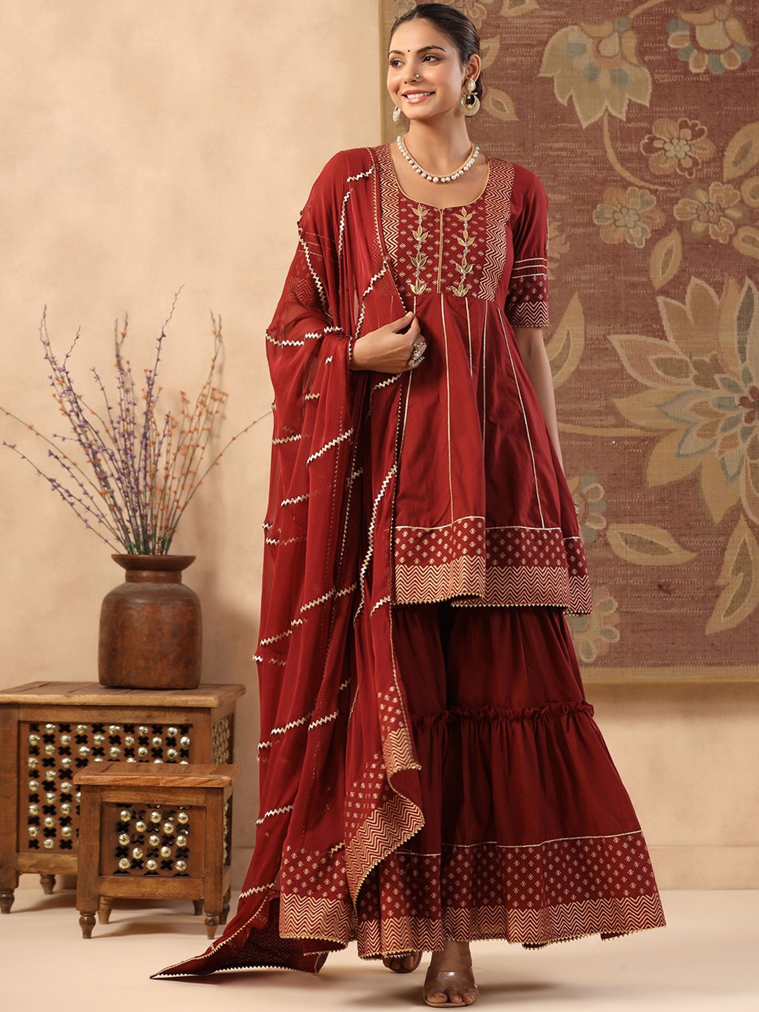 

GILLORI Ethnic Motifs Embroidered Empire Gotta Patti Kurti with Sharara & Dupatta, Maroon