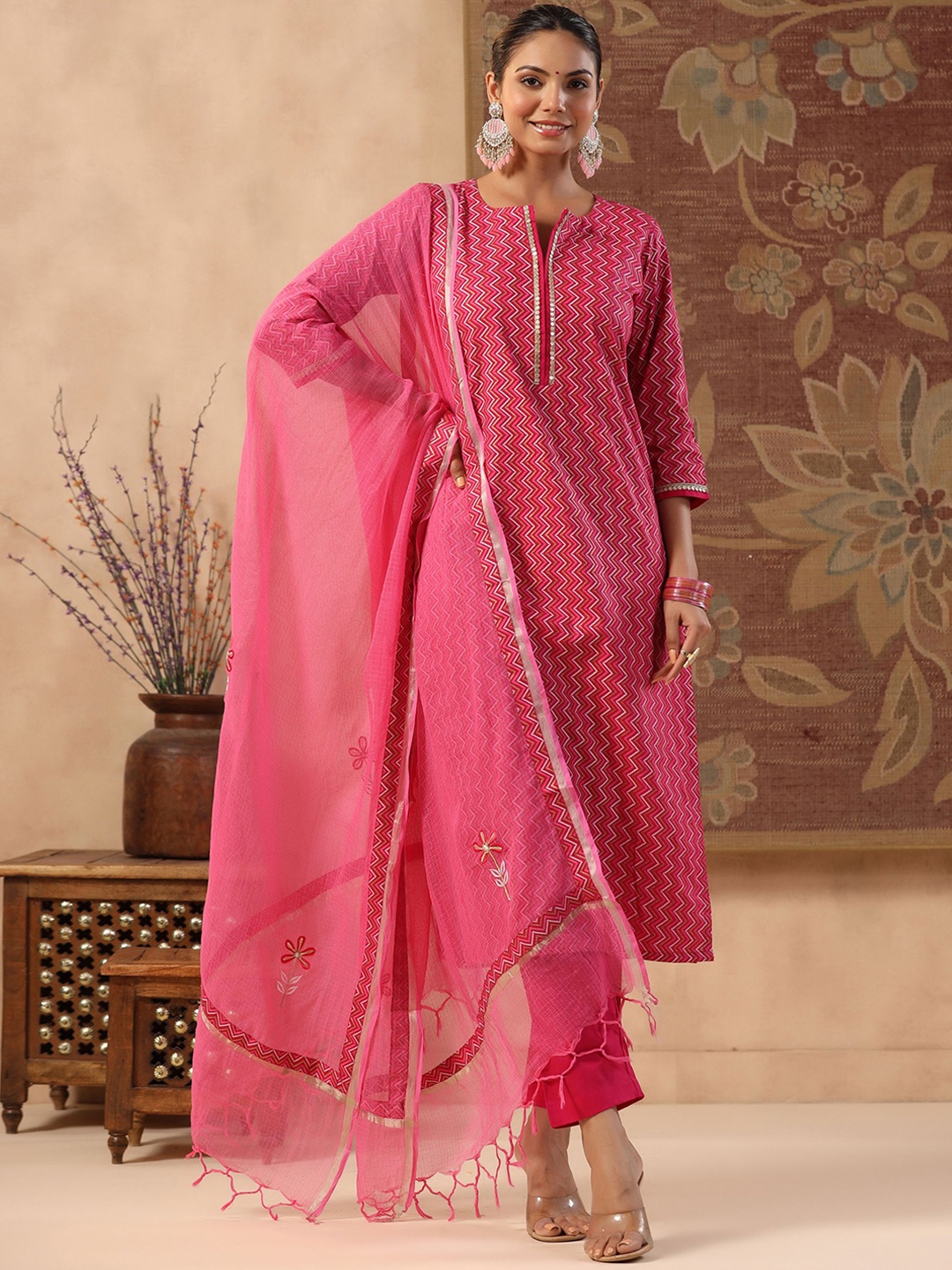 

GILLORI Geometric Printed Sequinned Pure Cotton Kurta With Trouser & Dupatta, Pink