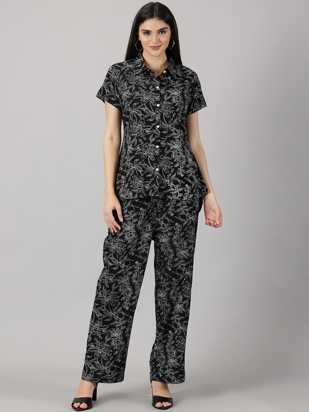 

PURSHOTTAM WALA Printed Shirt With Trousers Co-Ords, Black