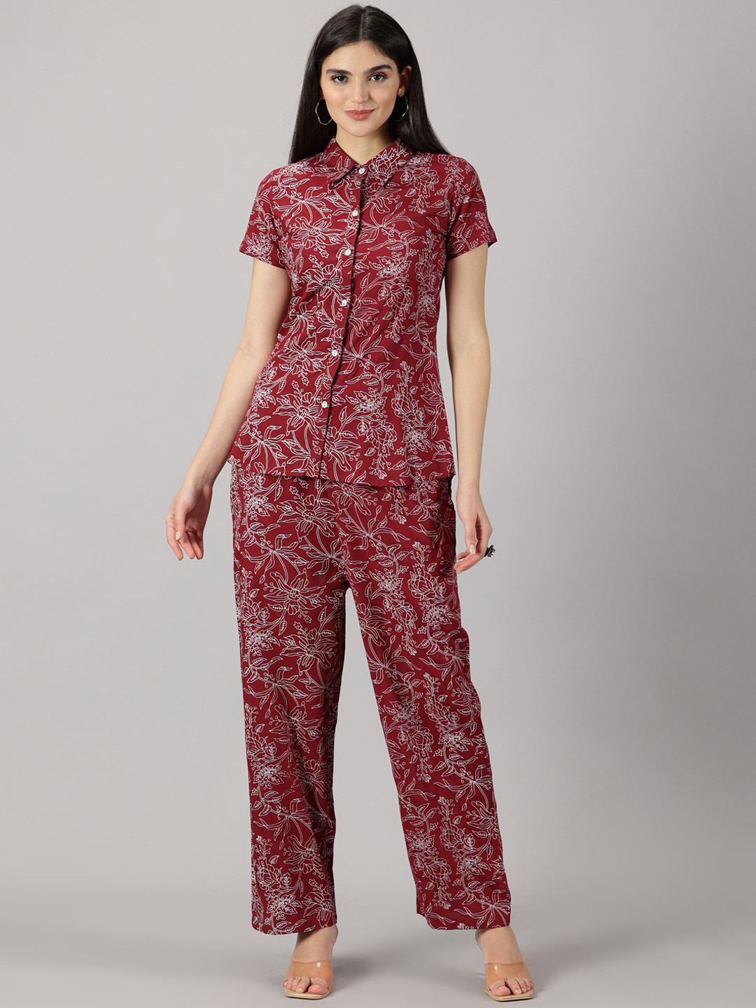 

PURSHOTTAM WALA Printed Shirt With Trousers Co-Ords, Maroon