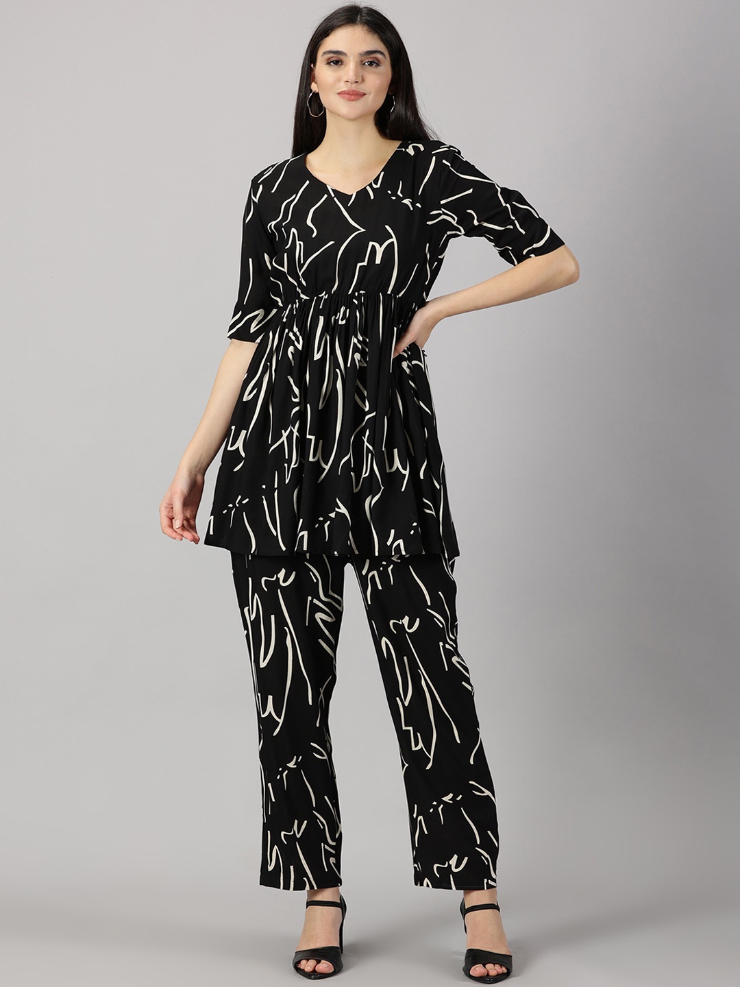 

PURSHOTTAM WALA Printed A-Line Kurta With Trousers Set, Black