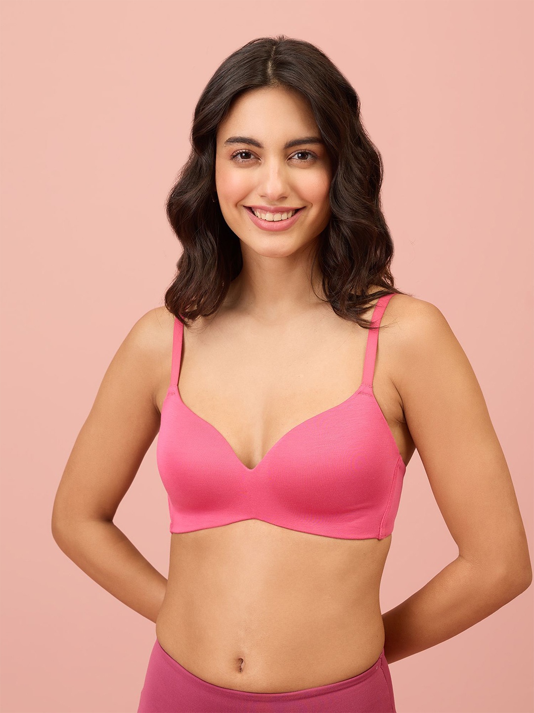 

Nykd by Nykaa Super Soft Luxe Modal Padded Non Wired 3/4th Coverage T-Shirt Bra NYB013, Pink