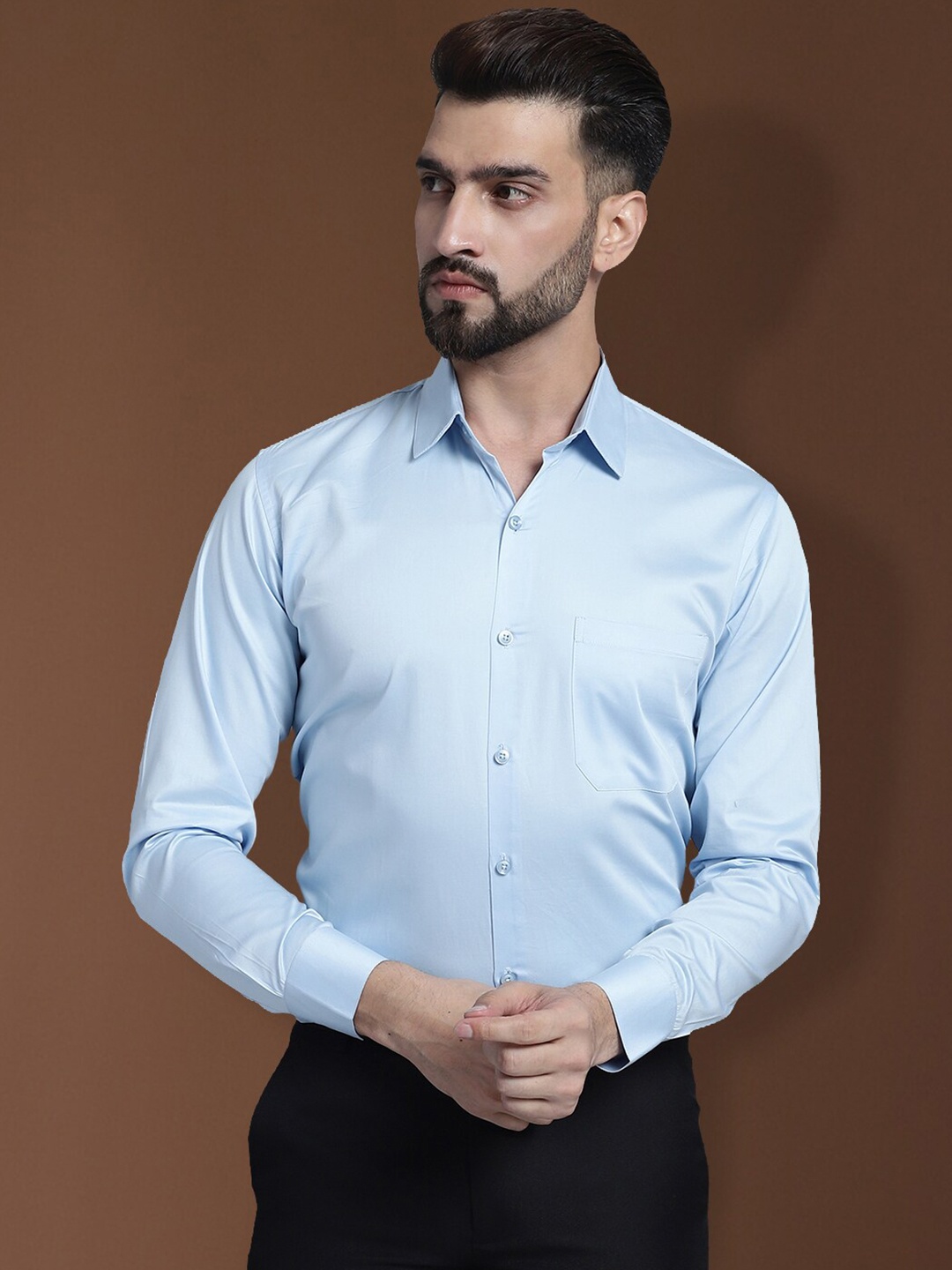 

Indian Needle Spread Collar Classic Cotton Satin Formal Shirt, Turquoise blue