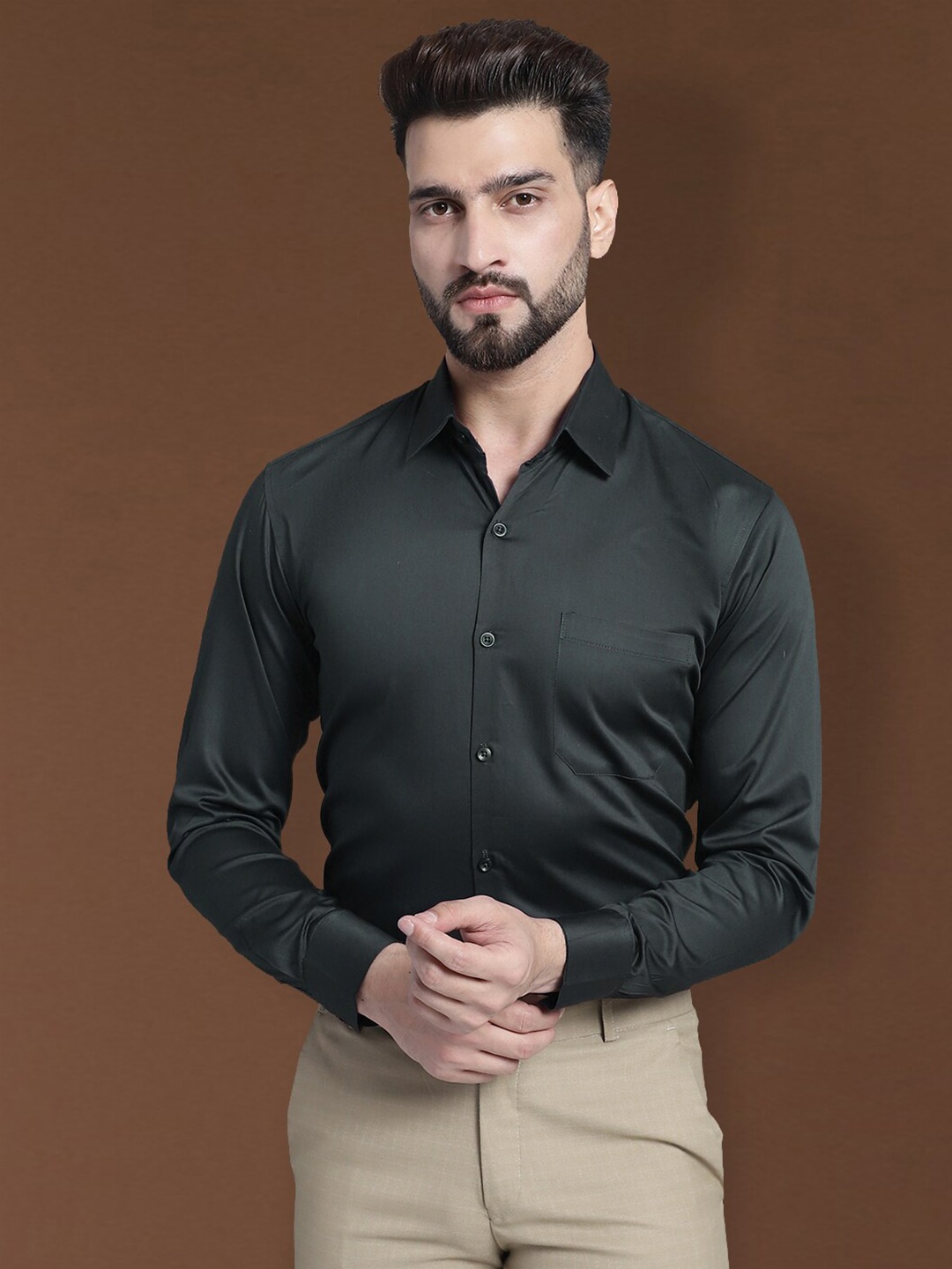 

Indian Needle Spread Collar Classic Cotton Satin Formal Shirt, Olive