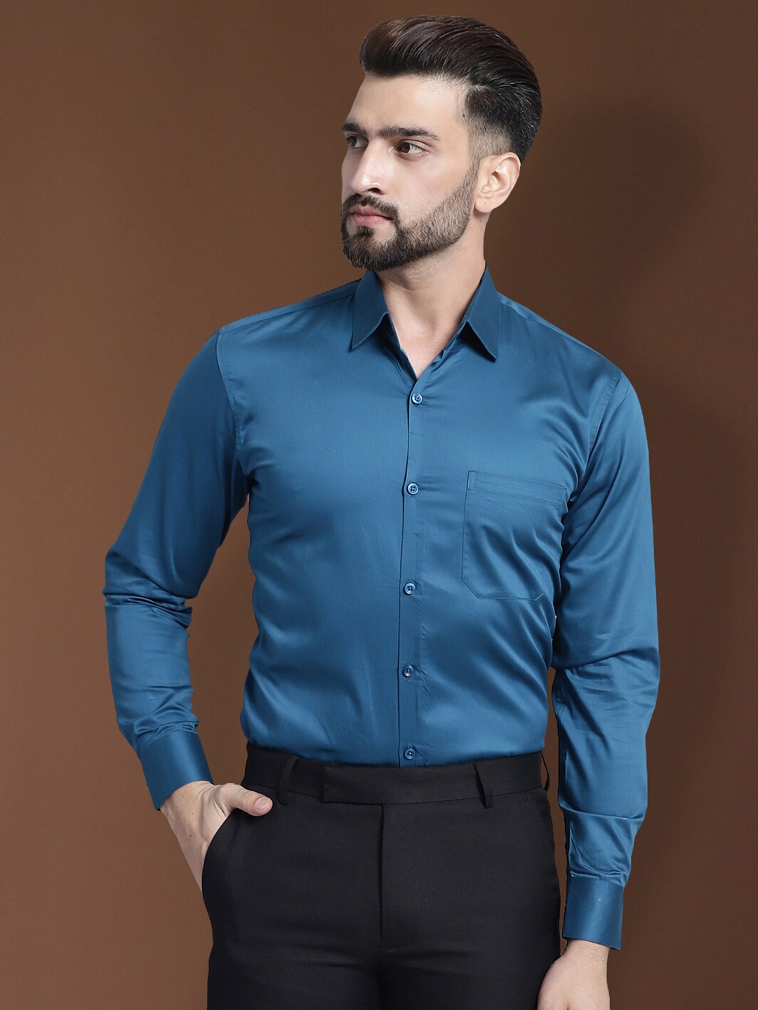 

Indian Needle Spread Collar Classic Cotton Satin Formal Shirt, Blue