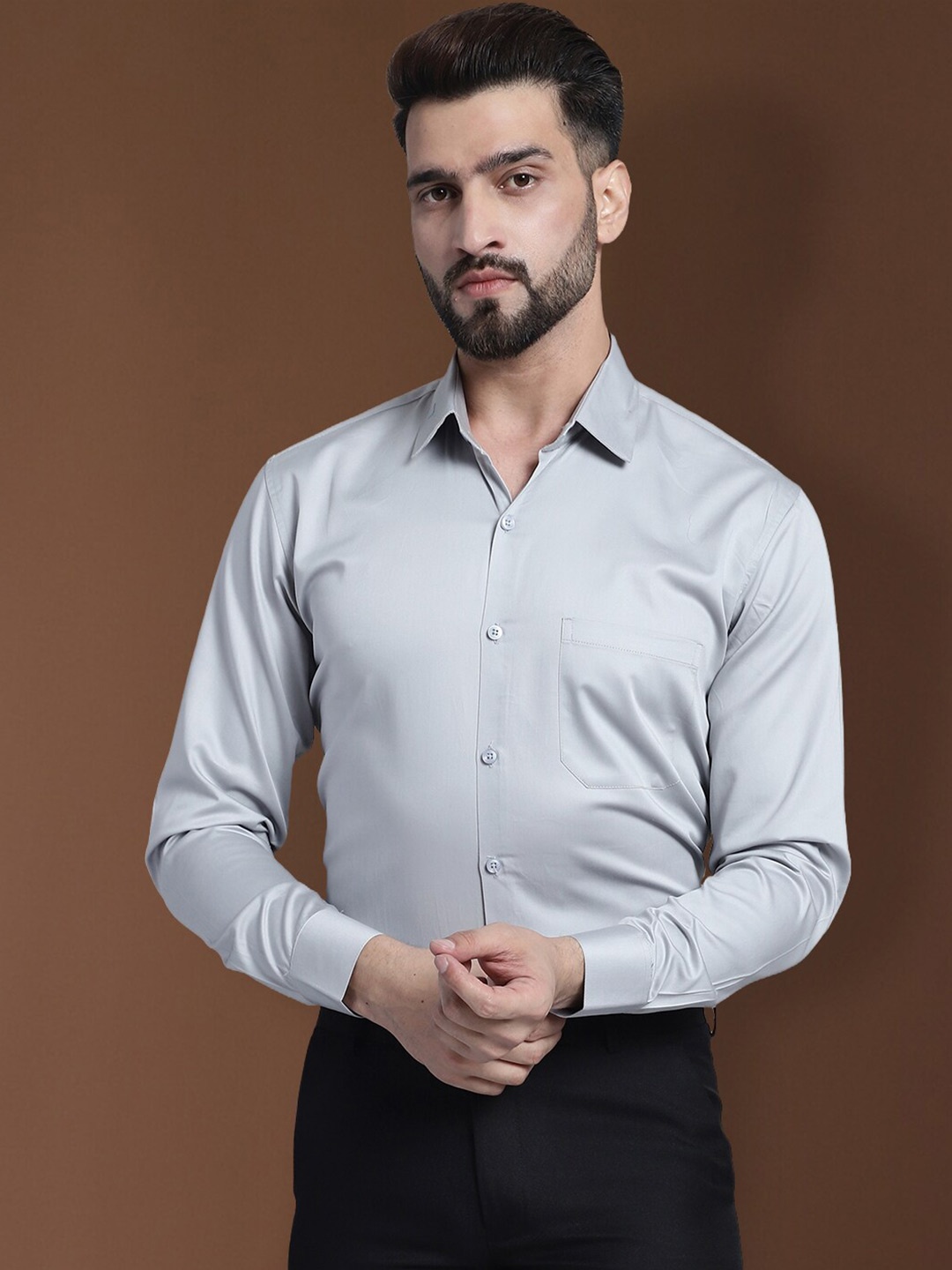 

Indian Needle Spread Collar Classic Cotton Satin Formal Shirt, Grey