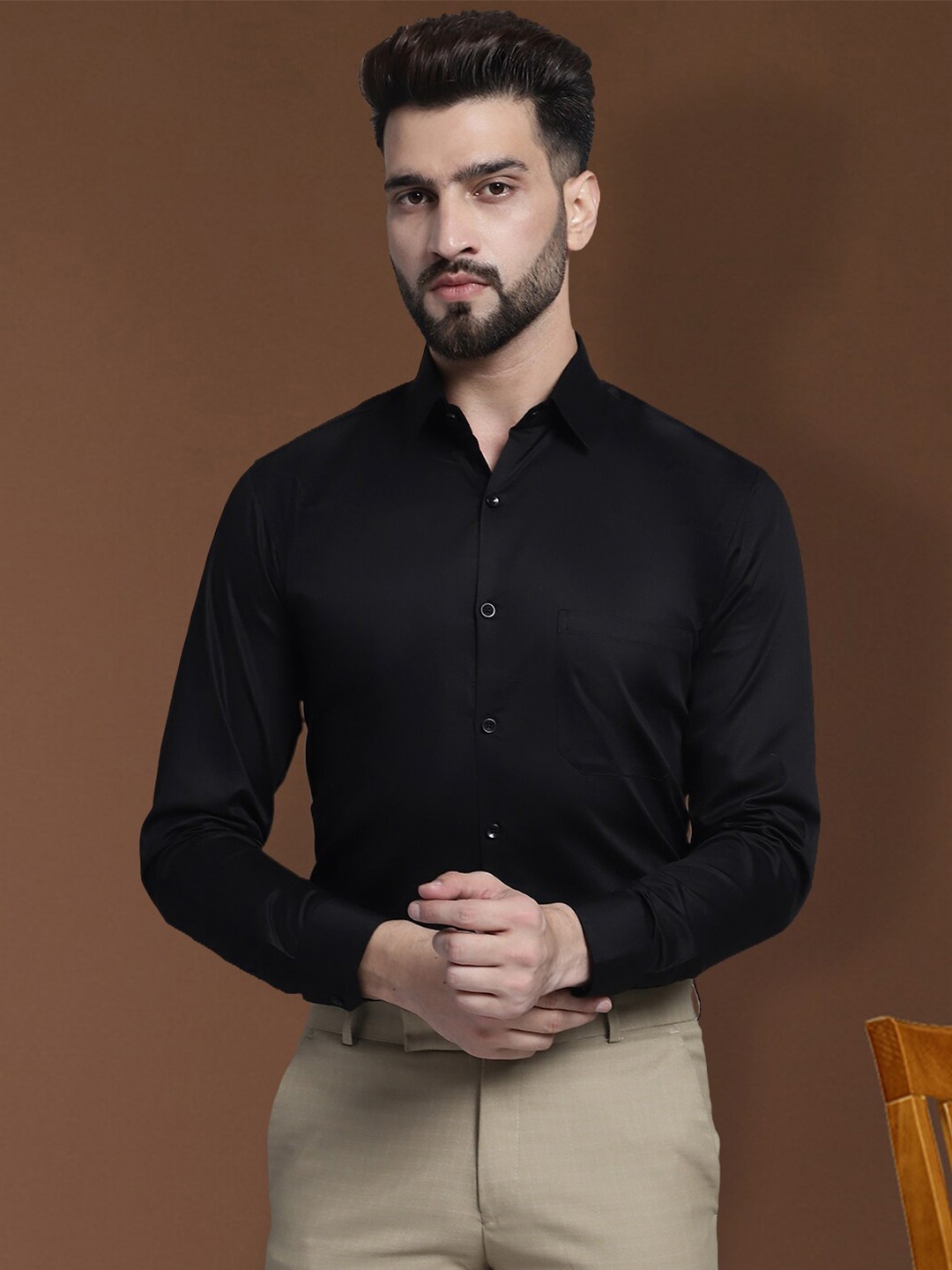 

Indian Needle Classic Fit Cotton Satin Formal Shirt, Black