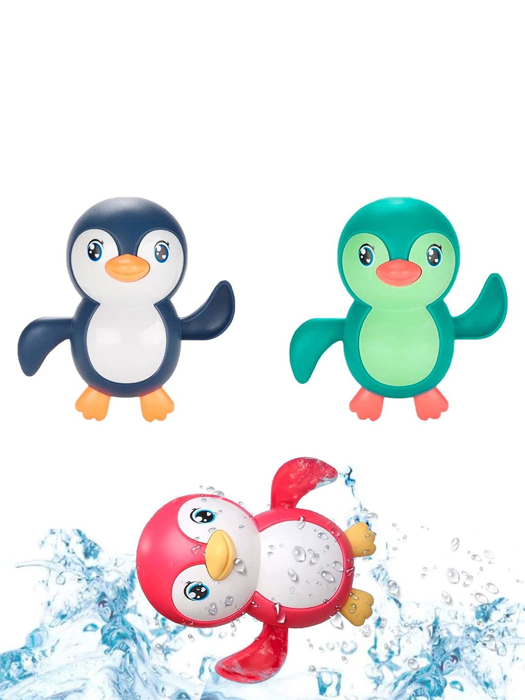 ADKD Kids Pack Of 3 Swimming Penguin Wind Up Bath Toy, Blue