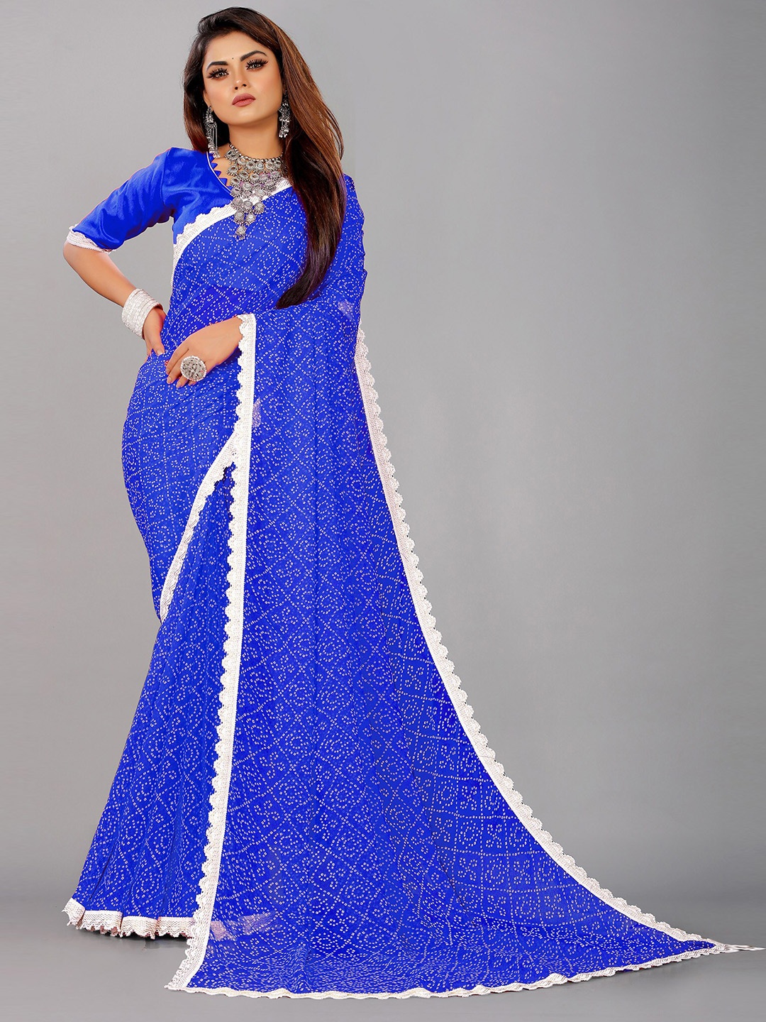 

Reeta Fashion Bandhani Printed Embroidered Pure Georgette Saree, Blue
