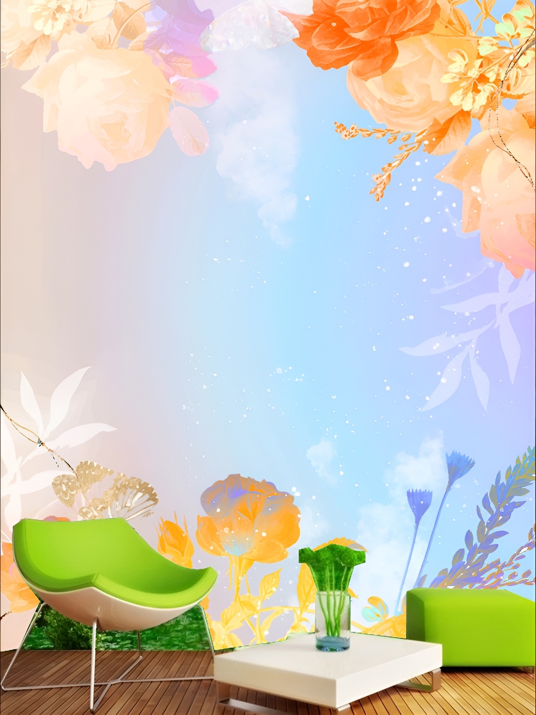 

KSHIRSA Blue & Orange Floral and Botanical Printed Self-Adhesive Laminated Wallpaper
