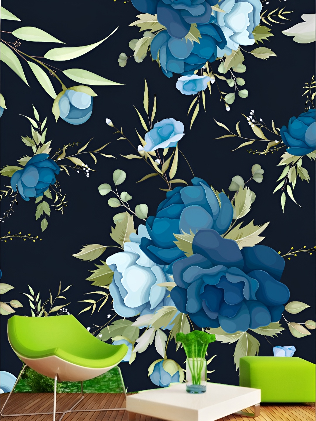 

KSHIRSA Black & Blue Floral and Botanical Printed Self-Adhesive Laminated Wallpaper