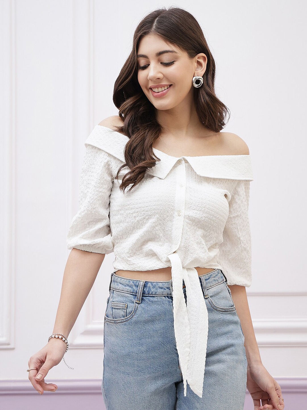 

Athena Immutable Off-Shoulder Puff Sleeve Waist Tie-Ups Bardot Crop Top, White