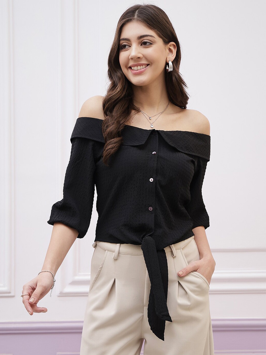 

Athena Immutable Off-Shoulder Puff Sleeve Waist Tie-Ups Bardot Crop Top, Black