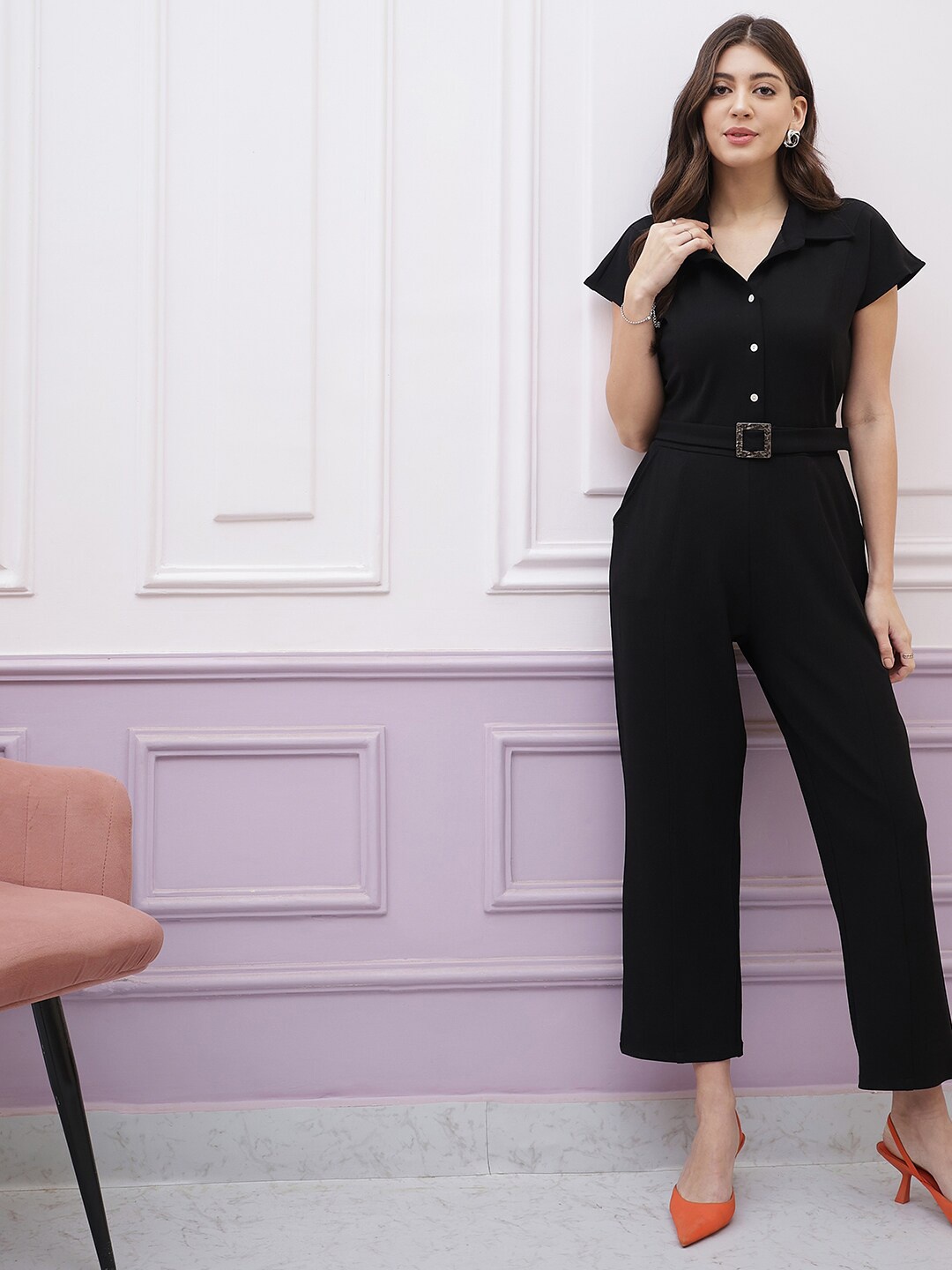 

Athena Immutable Shirt Collar Short Sleeves Basic Jumpsuit, Black