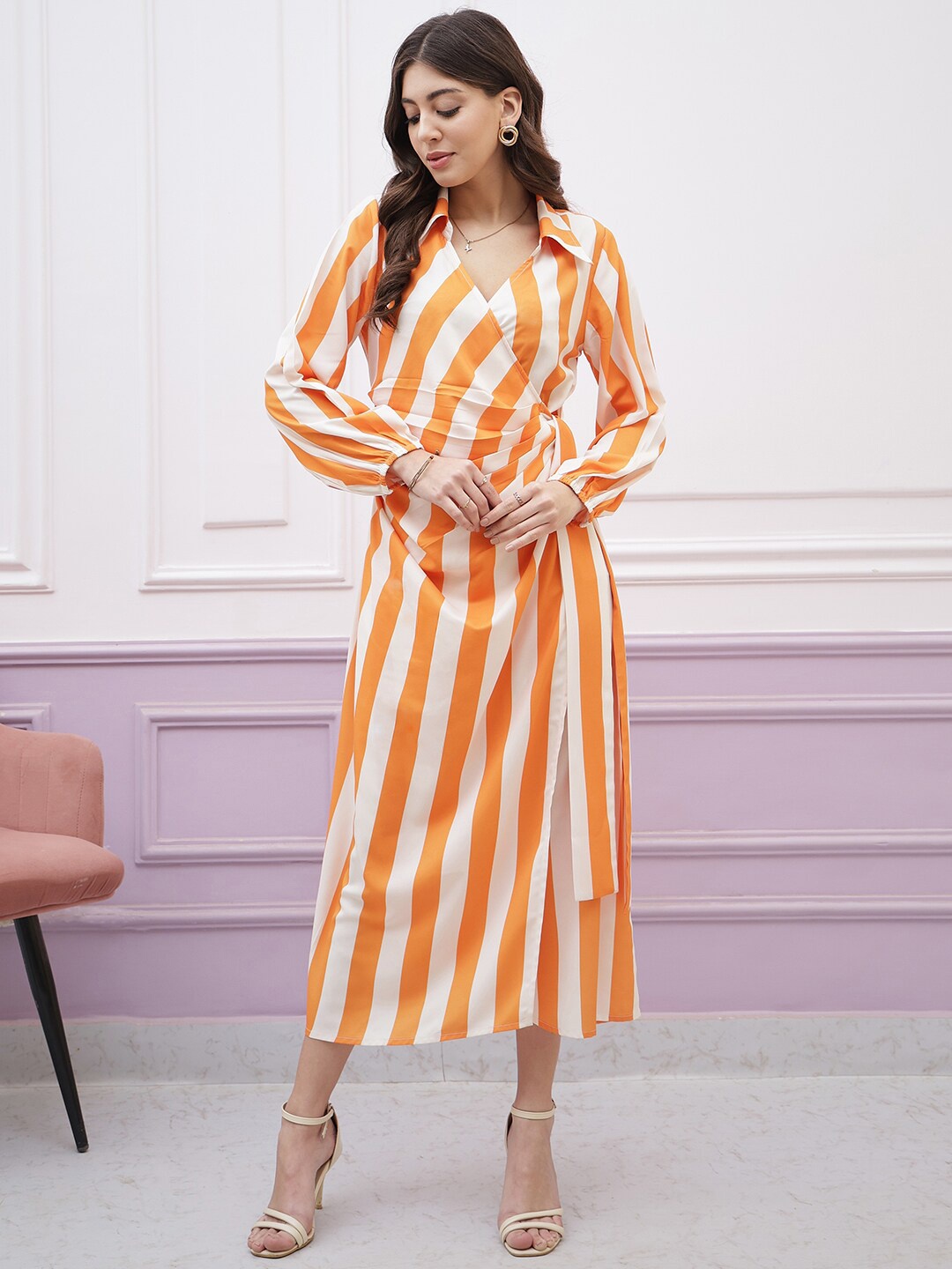 

Athena Immutable Striped Shirt Collar Long Sleeves Tie-Ups Wrap Midi Dress, Orange