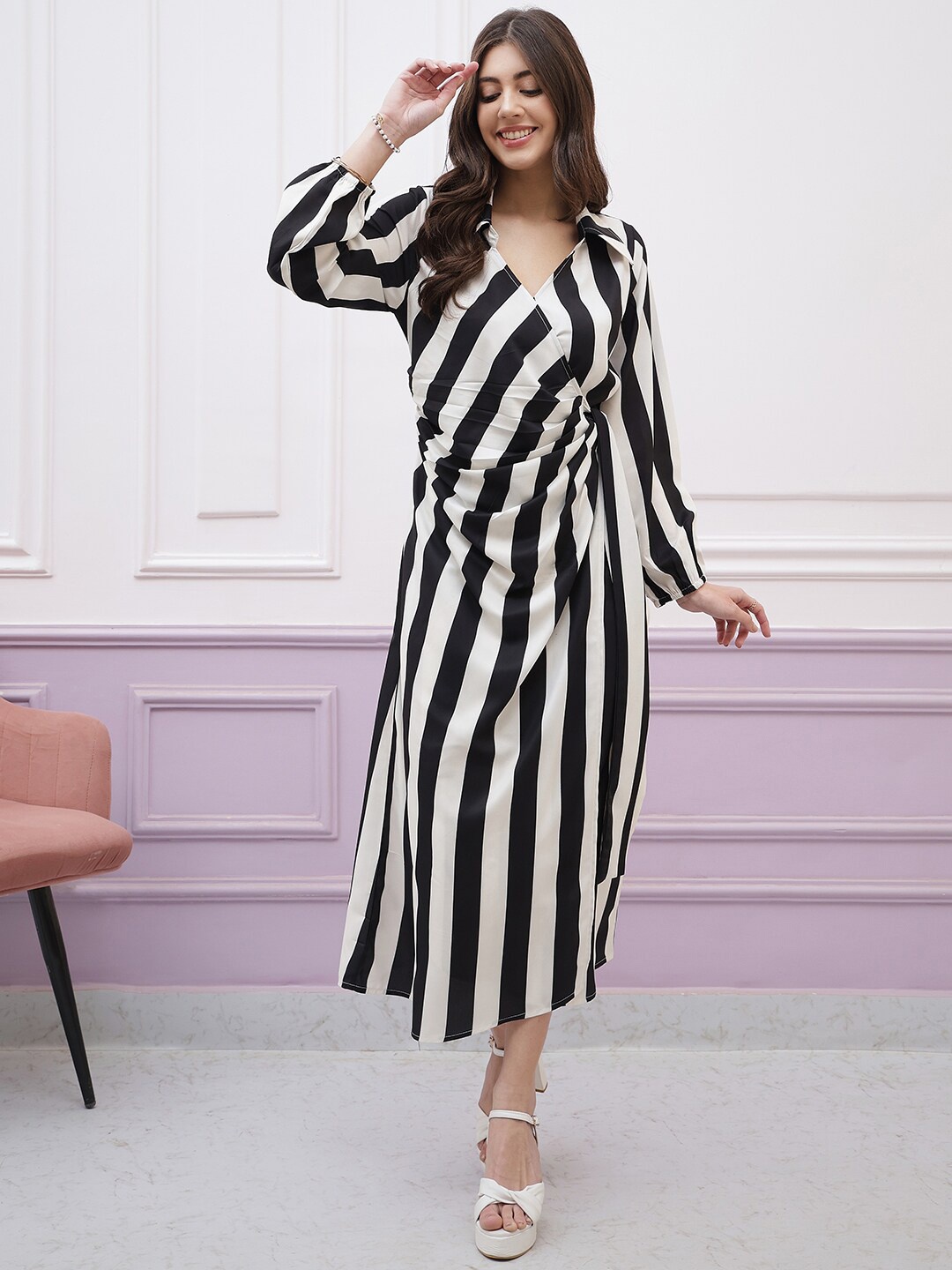 

Athena Immutable Striped Shirt Collar Long Sleeves Tie-Ups Wrap Midi Dress, Black