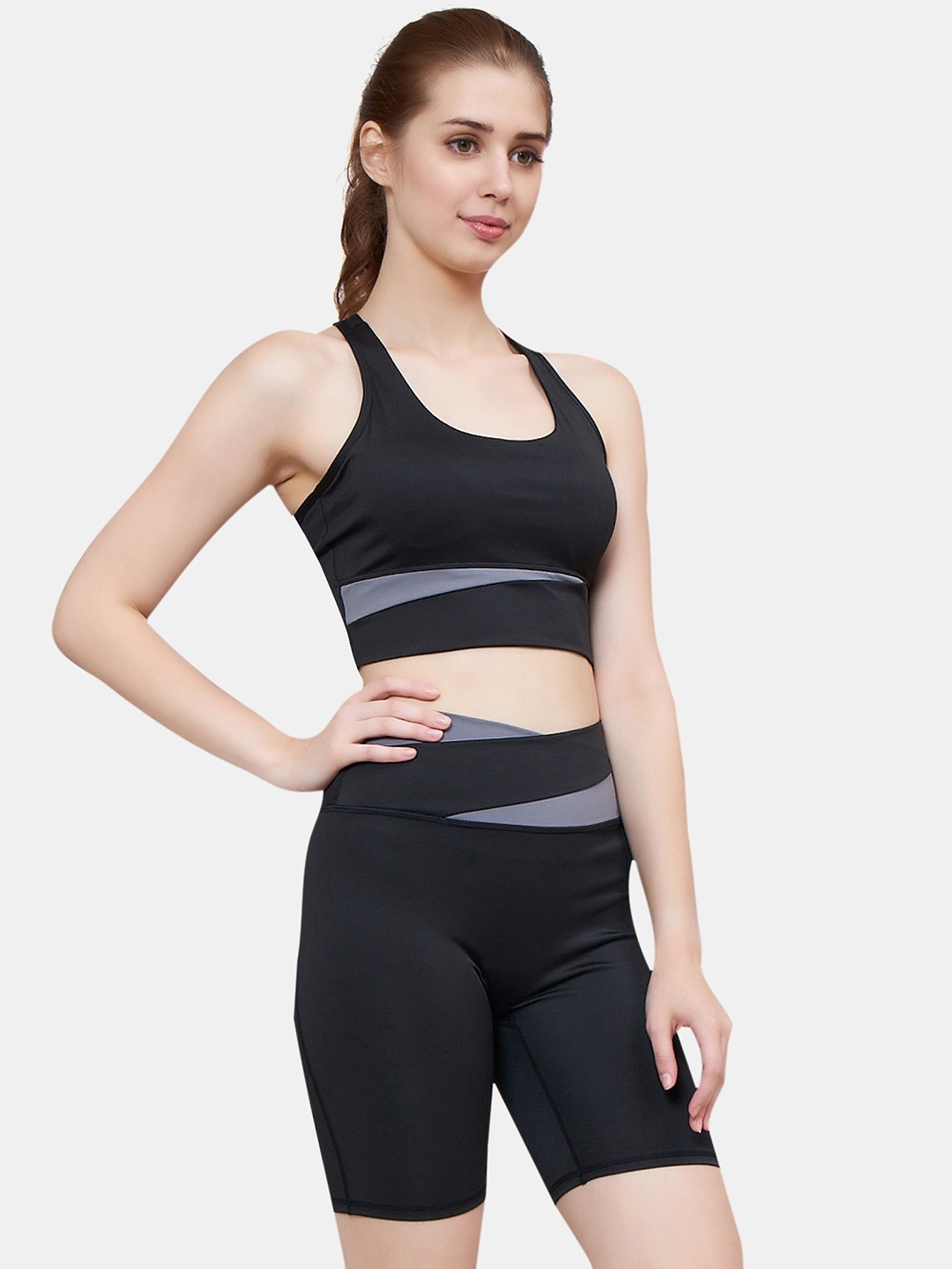 

PLUMBURY Shoulder Straps Sports Bra With Shorts, Black