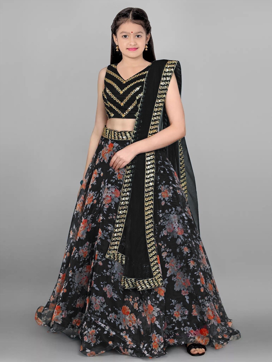 

BAESD Girls Floral Printed Silk Semi-Stitched Lehenga & Unstitched Blouse With Dupatta, Black
