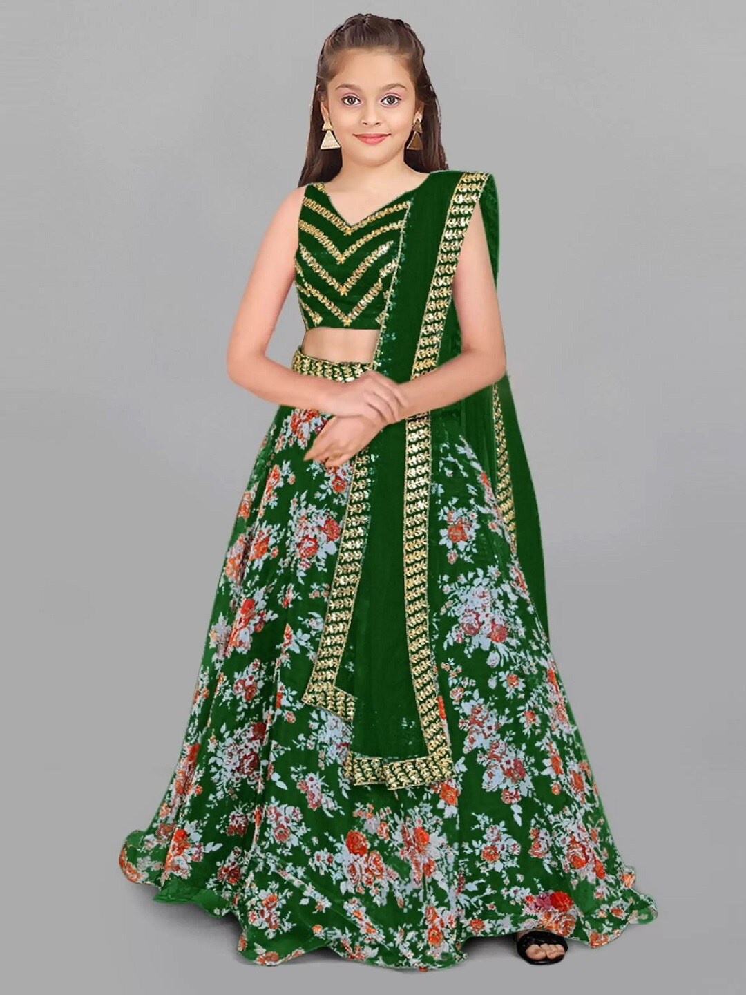 

BAESD Girls Floral Printed Silk Semi-Stitched Lehenga & Unstitched Blouse With Dupatta, Green