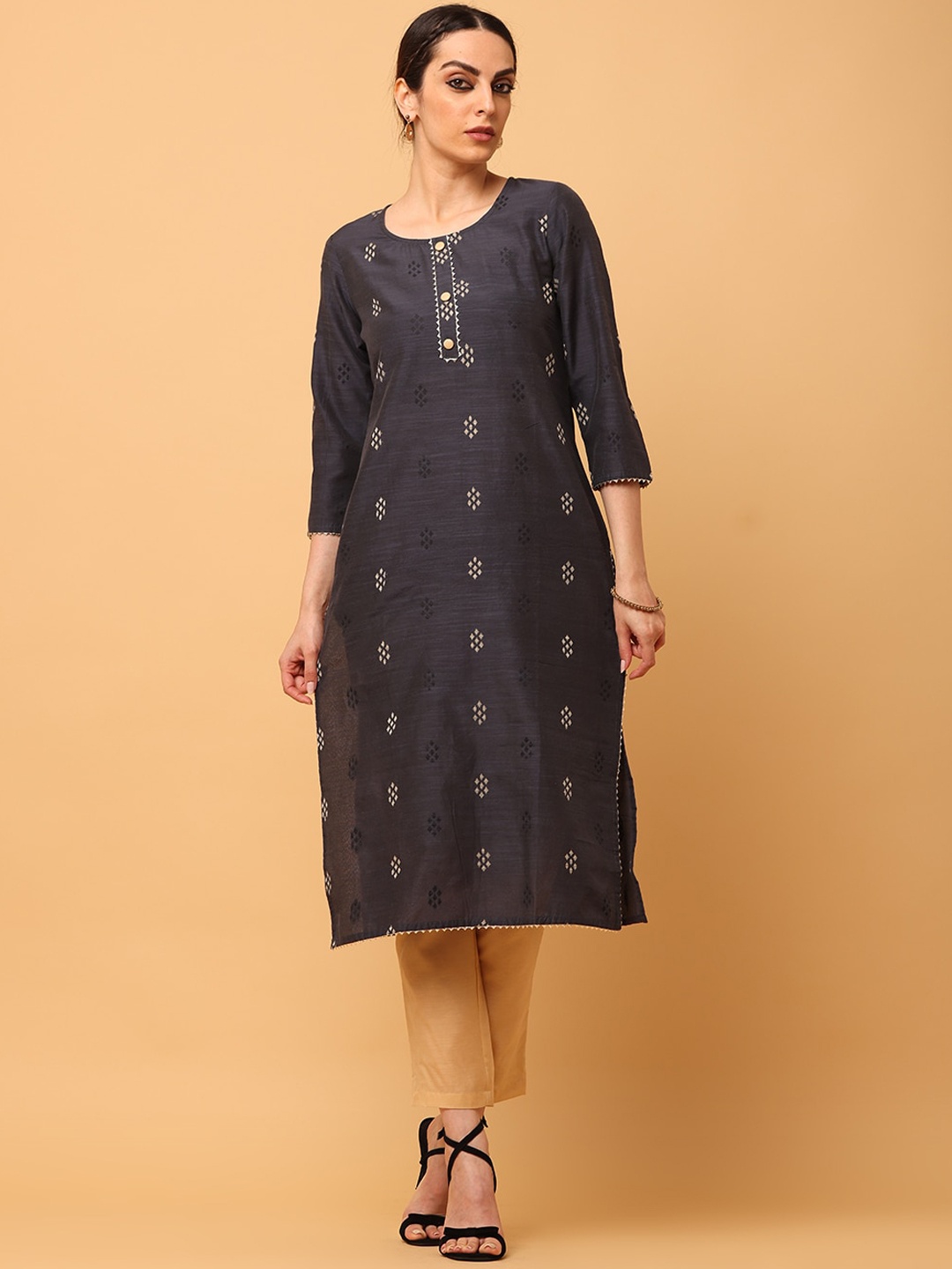 

aayusika Ethnic Motifs Woven Design Flared Sleeves Thread Work Straight Kurta, Grey