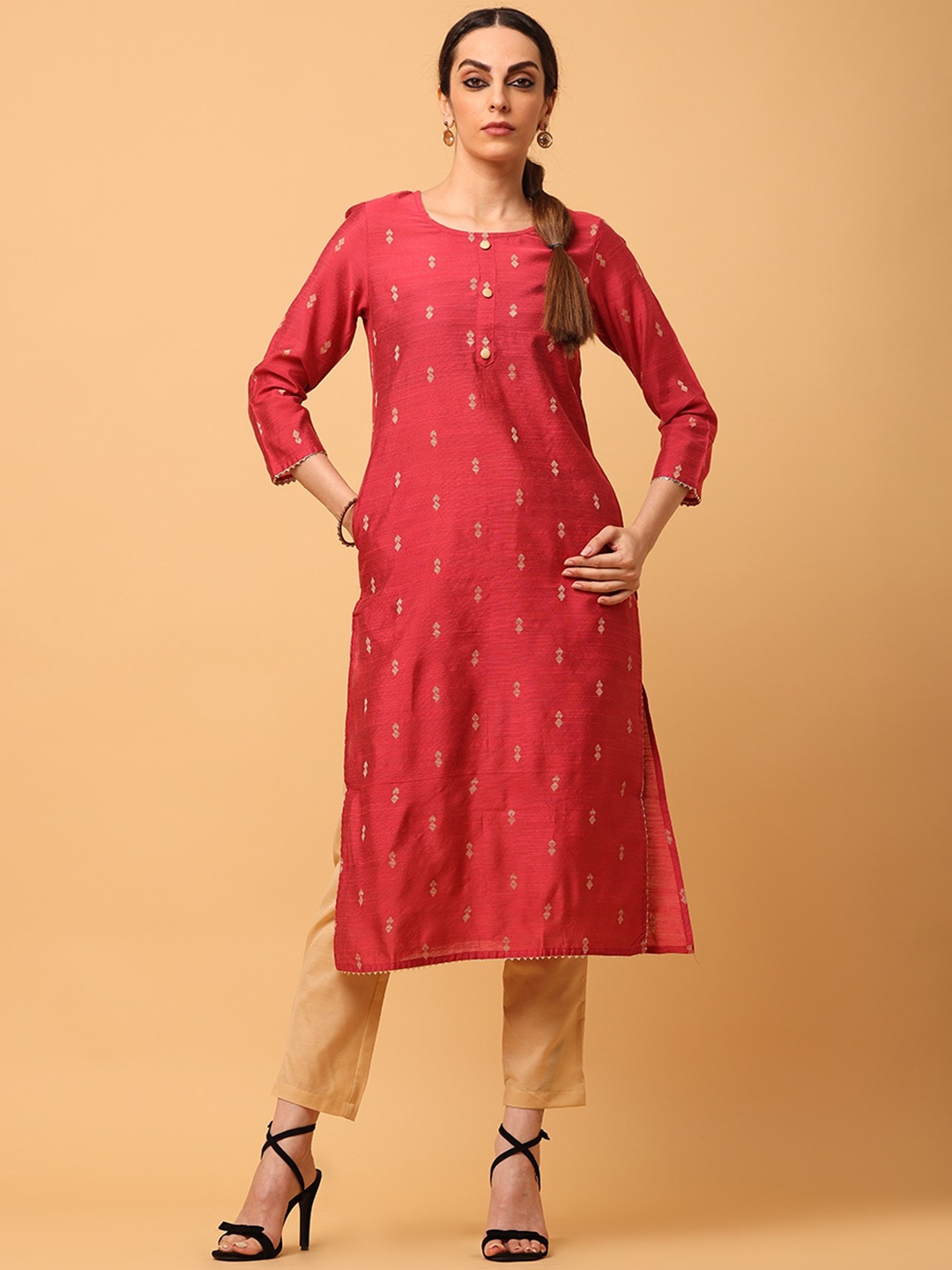 

aayusika Woven Design Round Neck Three Quarter Sleeves Straight Kurta, Pink