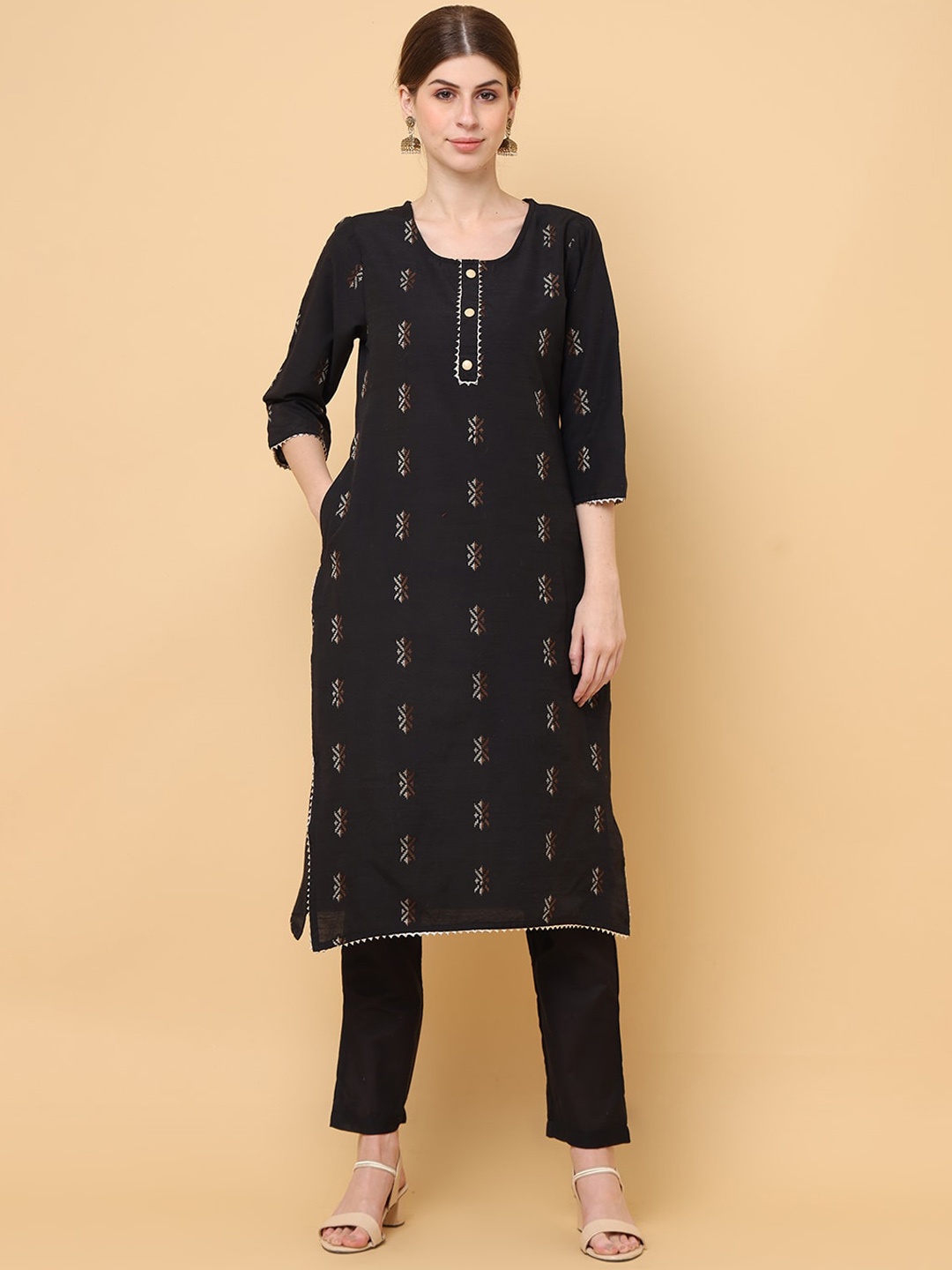 

aayusika Geometric Woven Design Round Neck Thread Work Straight Kurta, Black