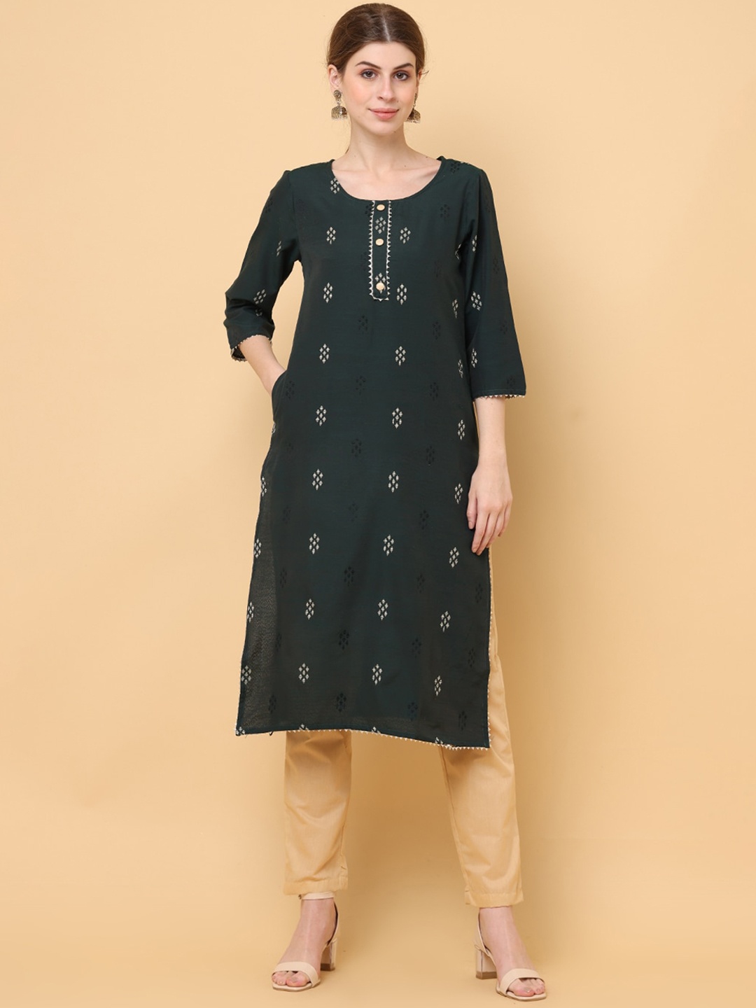 

aayusika Geometric Woven Design Round Neck Thread Work Straight Kurta, Green