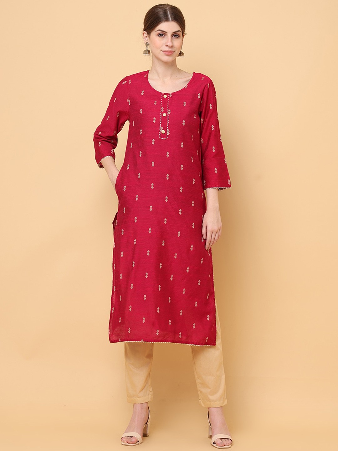 

aayusika Geometric Printed Notched Neck Straight Kurta, Pink