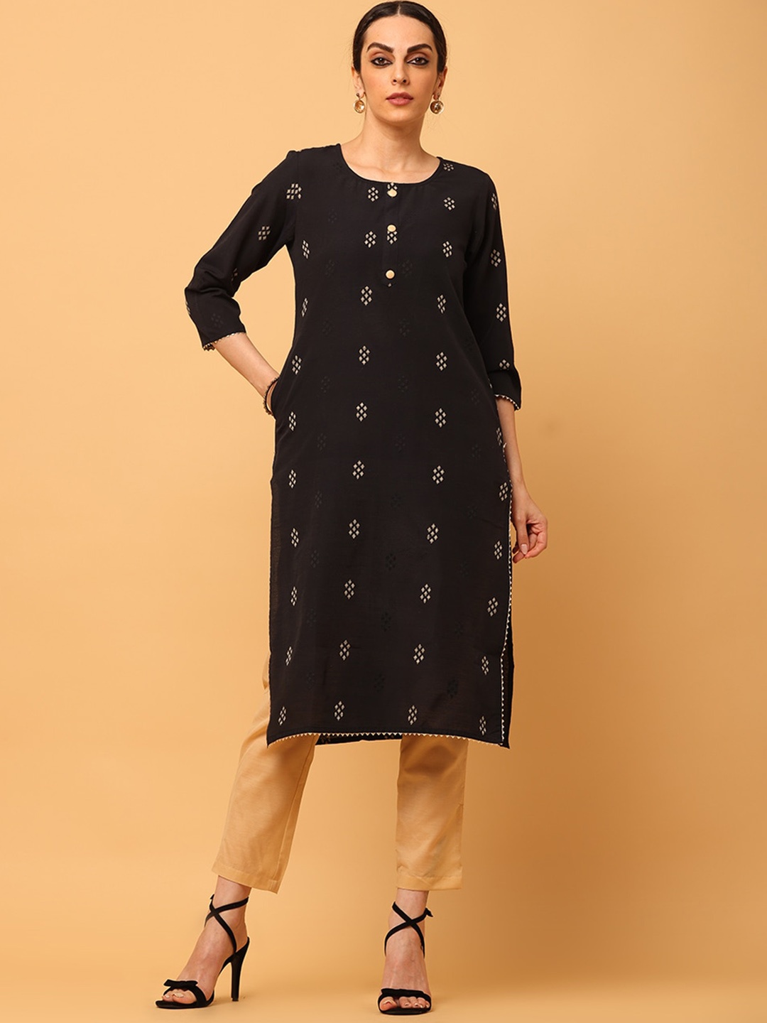 

aayusika Ethnic Motifs Woven Design Gotta Patti Kurta, Black