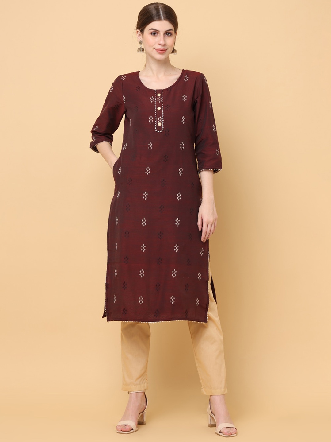 

aayusika Paisley Thread Work Art Silk & Trim Work Straight Kurta, Brown