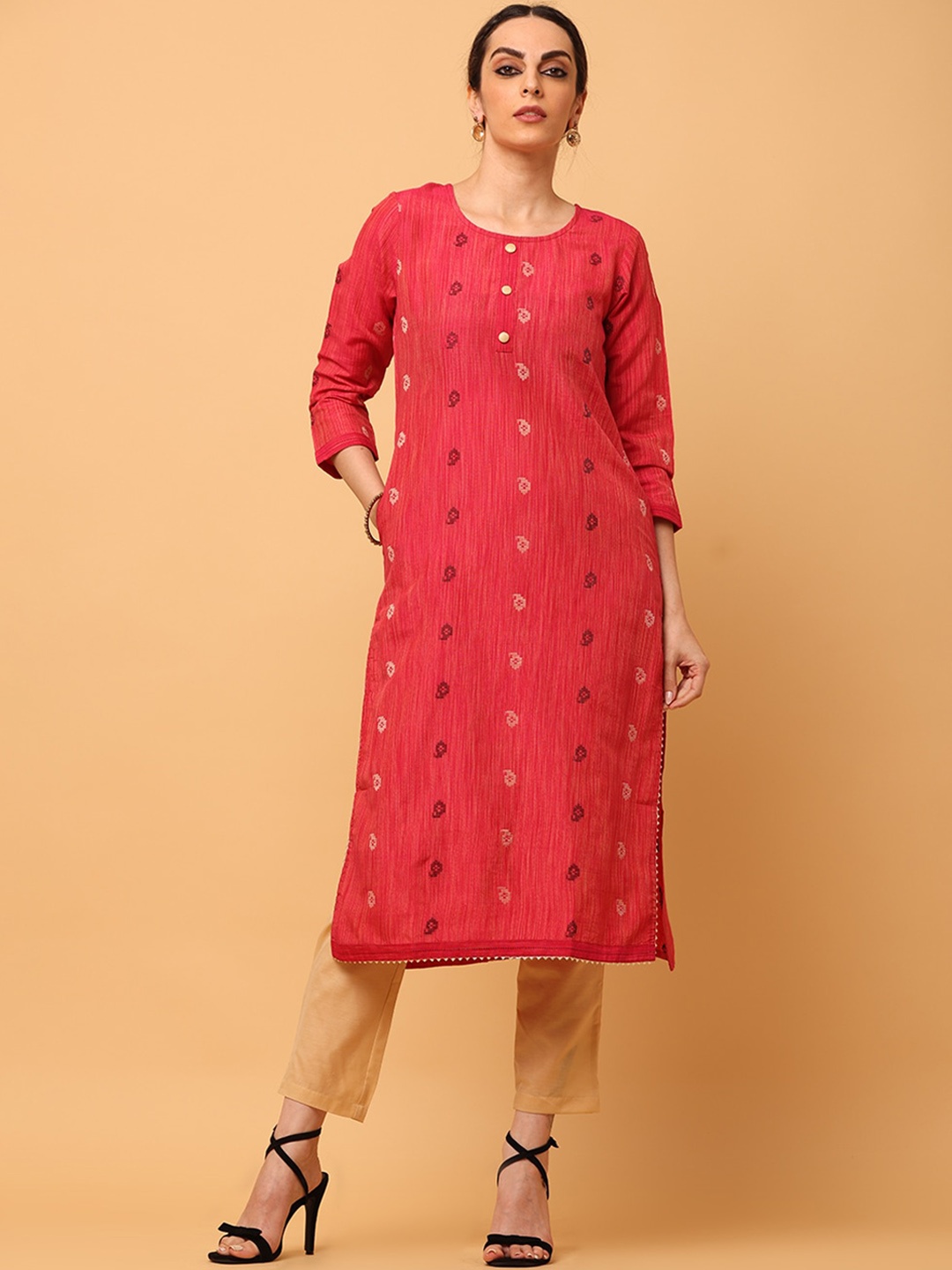 aayusika Paisley Woven Design Round Neck Straight Kurta, Red