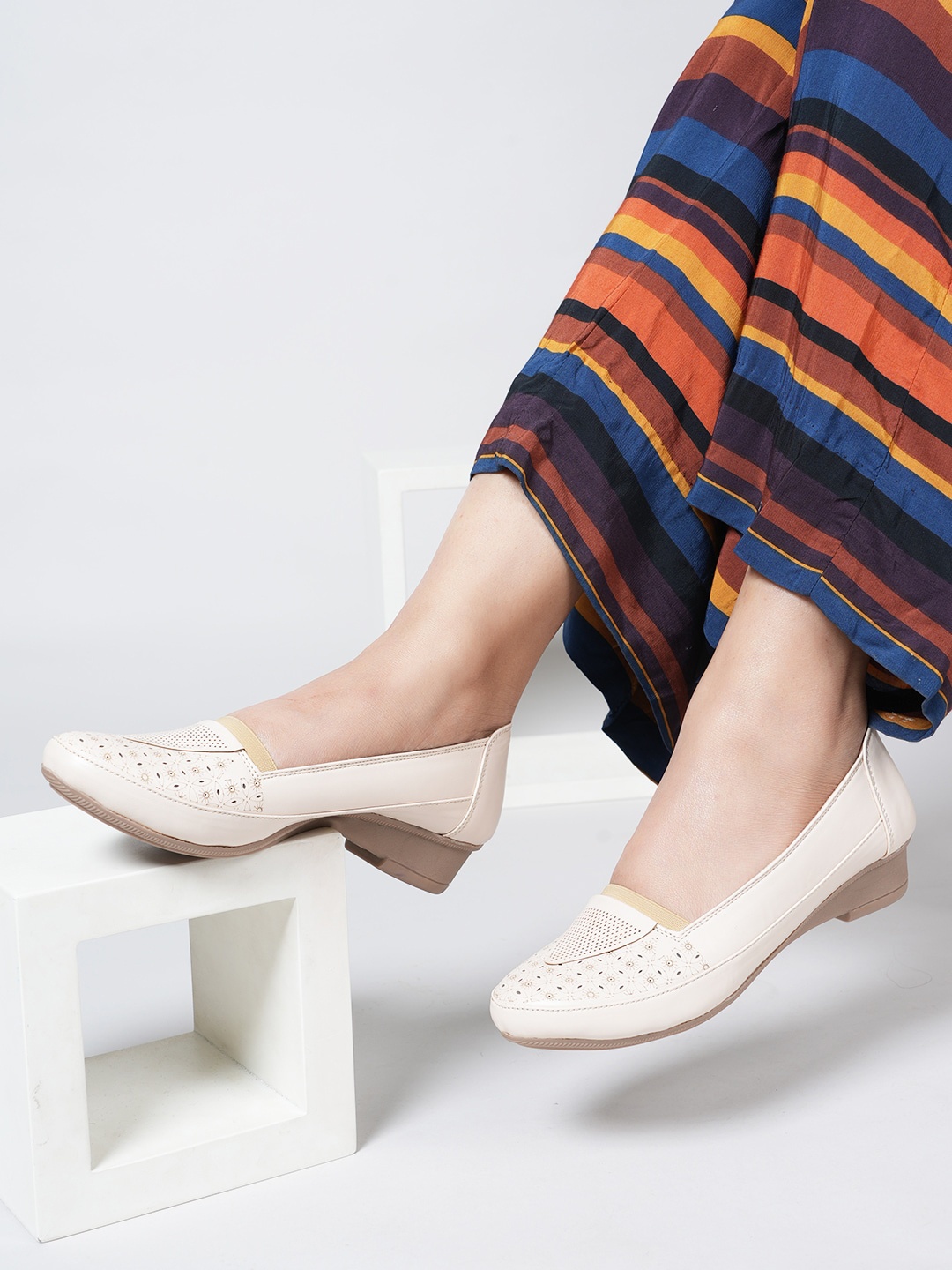 

Mast & Harbour Laser Cut Block Heeled Pumps, Cream