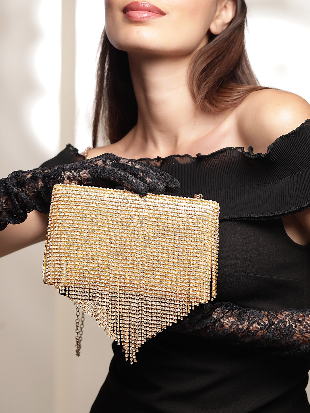 

Rubans Gold Crystal-Embellished Fringe Box Clutches with Luxe Sparkling Detail