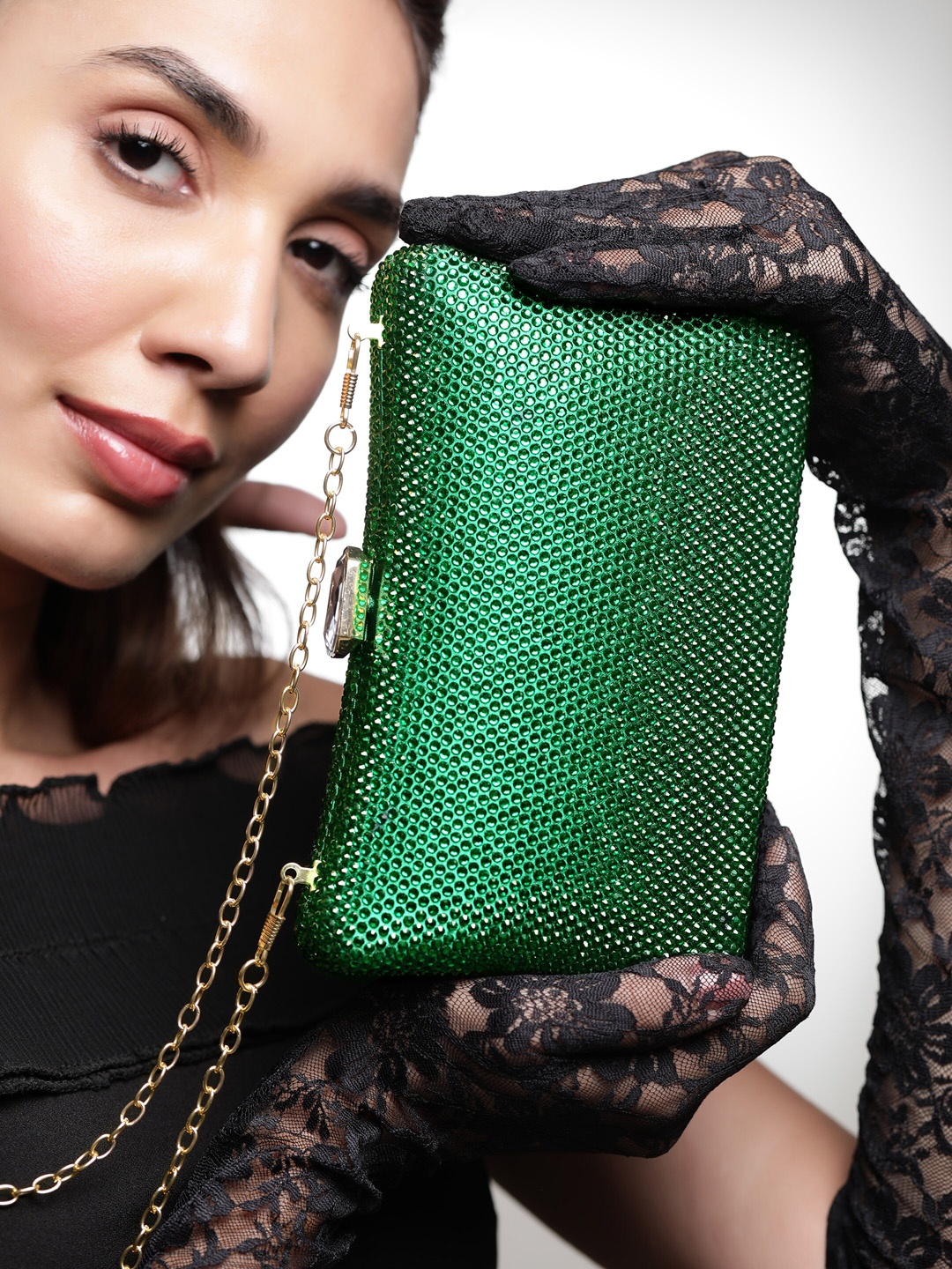 

Rubans Green Crystal-Embellished Box Clutch with Gold-Tone Metal Frame & Clasp Closure