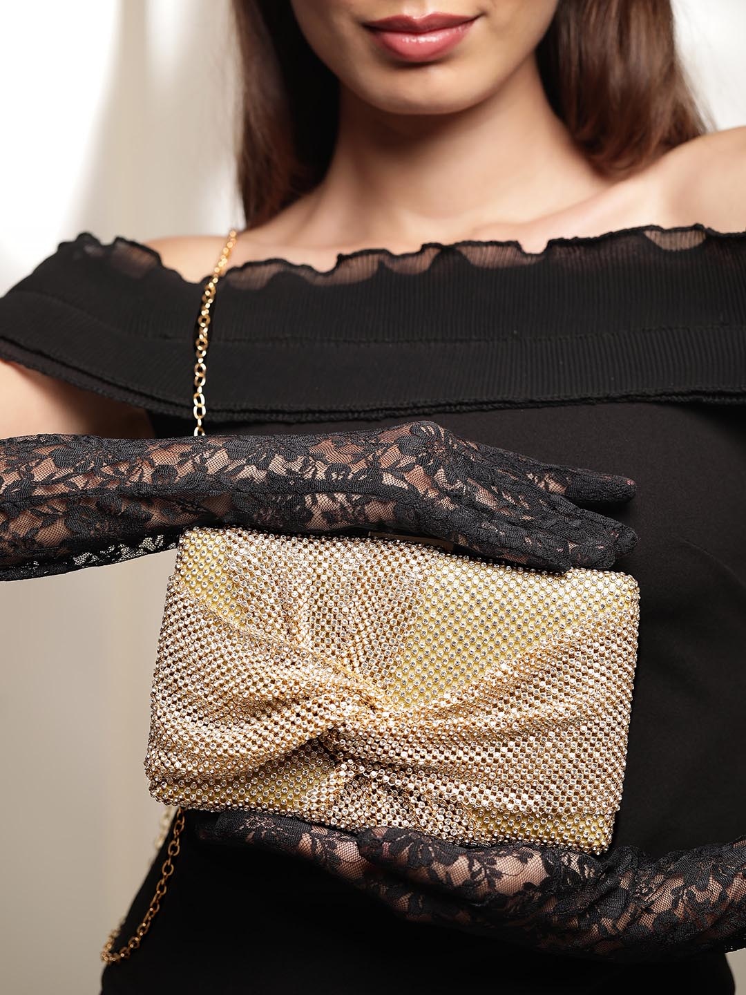 

Rubans Sparkling Golden Crystal Embellished Knot Design Clutch Bag, Gold