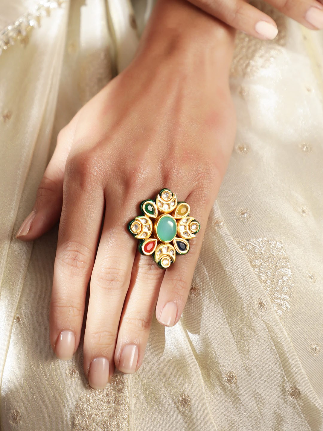 

Rubans 22K Gold-Plated Kundan Studded Adjustable Finger Ring, Sea green
