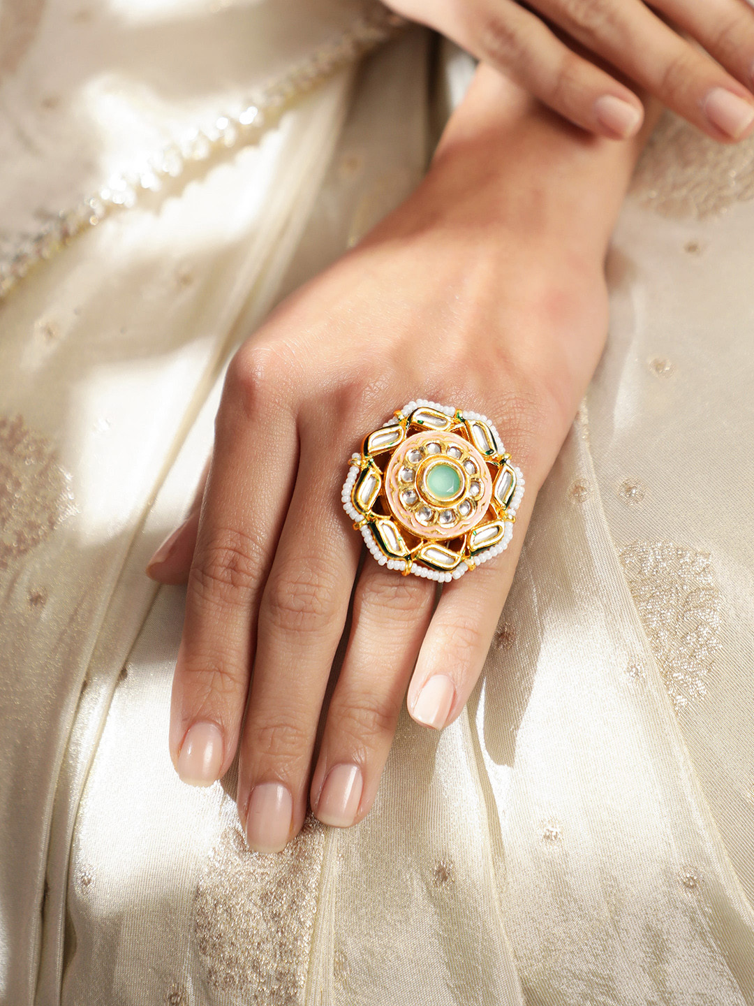 

Rubans 22K Gold Plated Pink,Green Kundan & Enamel Studded Pearl Bead Adjustable Ring