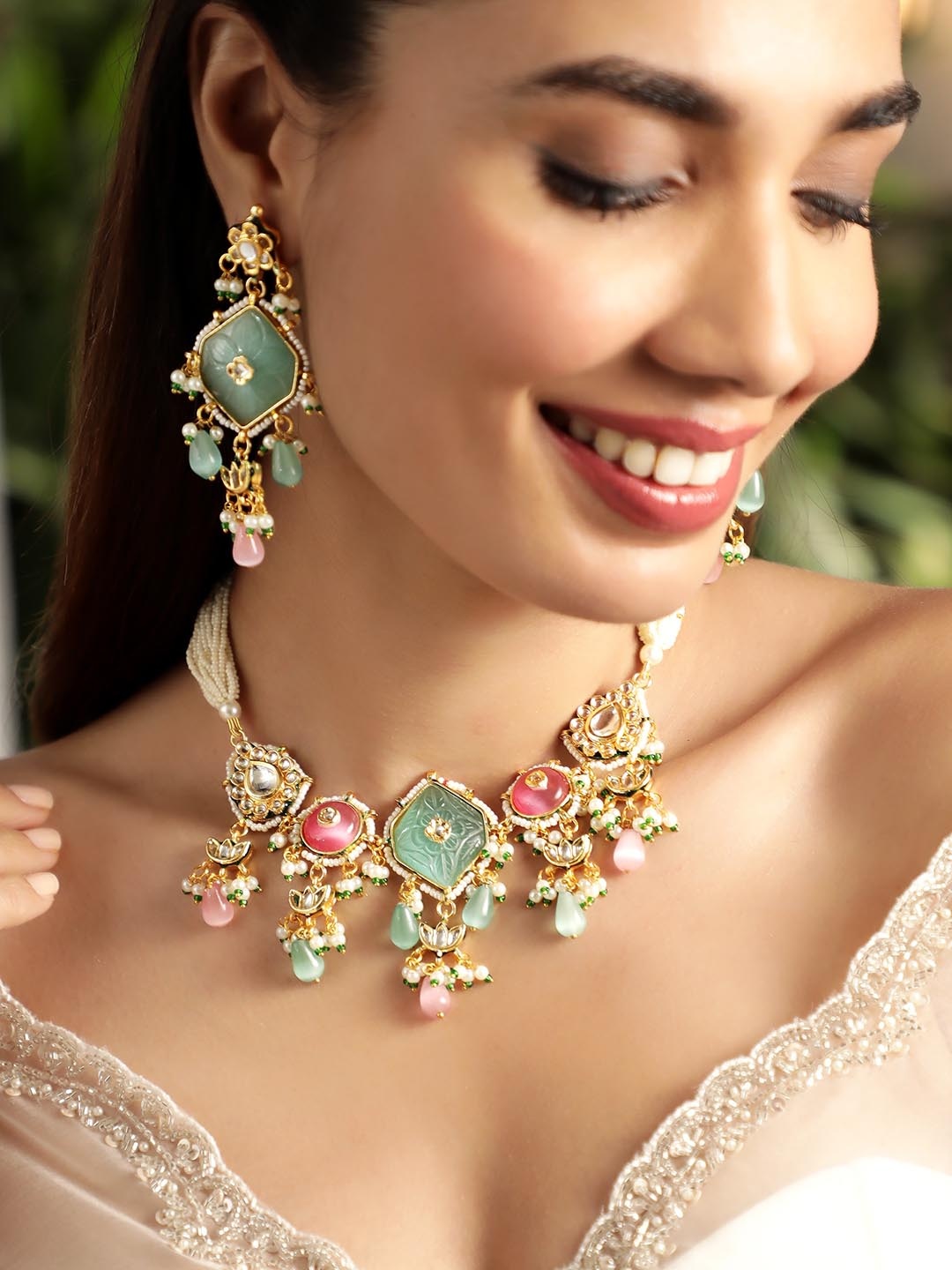 

Rubans 22K Gold-Plated Kundan-Studded & Beaded Choker Necklace And Earrings