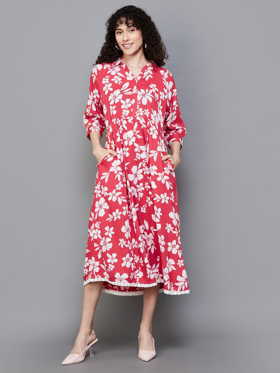 

Colour Me by Melange Floral Printed Cuff Sleeves Shirt Collar A-Line Midi Dress, Red